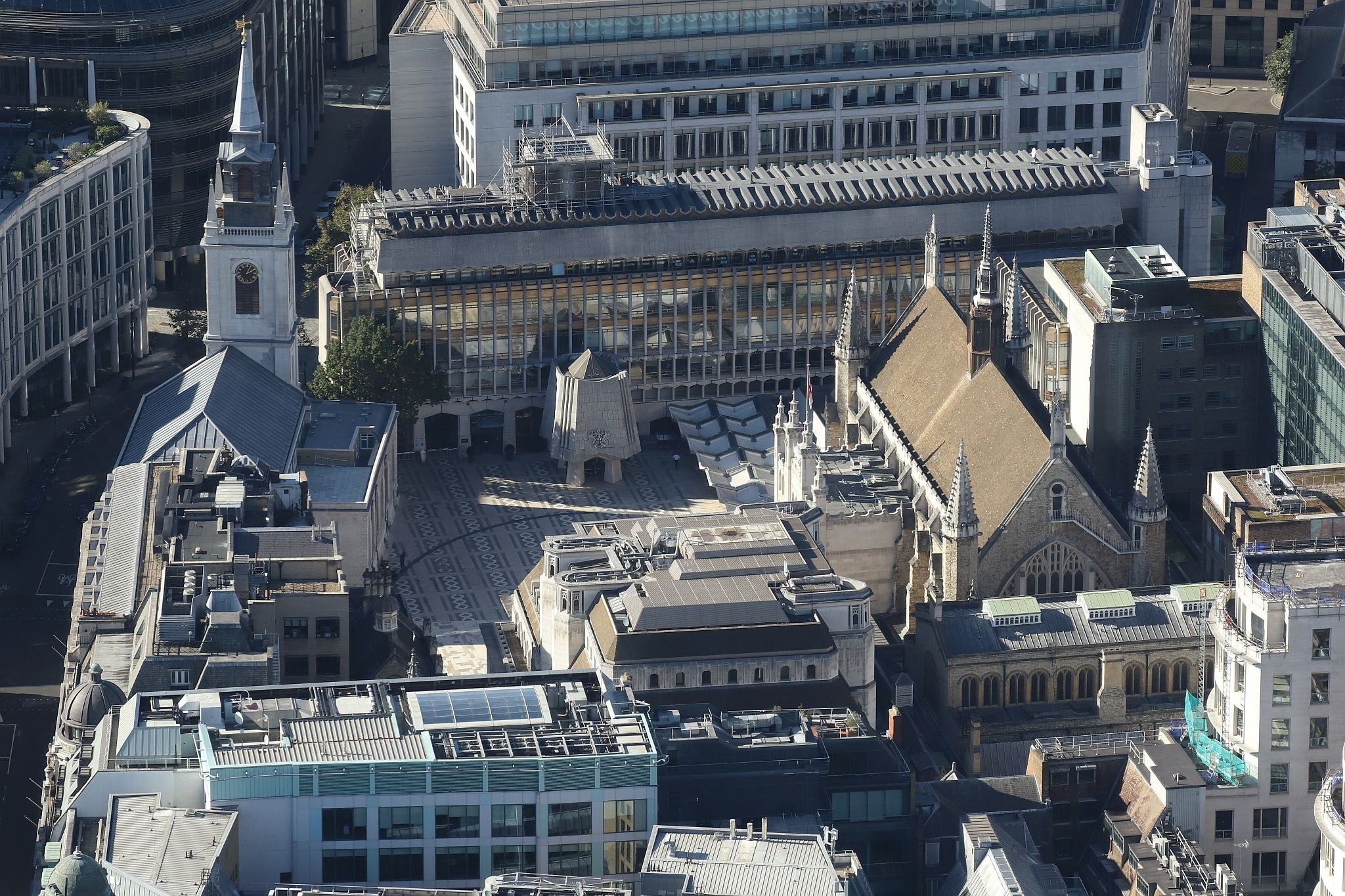 Aerial view of Guildhall, St. Laurence Jewry and the City of London offices. View from the Horizon observation platform on the 58th floor of 22 Bishopsgate in the City of London. Photo taken on 15-Oct-2023.