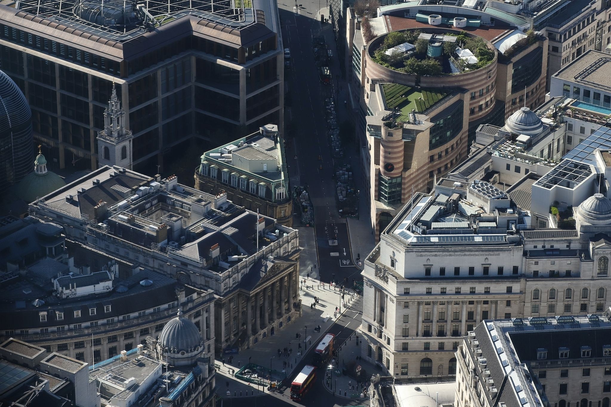 Aerial view of Bank junction, the Mansion House and Number 1 Poultry in the City of London. View from the Horizon observation platform on the 58th floor of 22 Bishopsgate in the City of London. Photo taken on 15-Oct-2023.