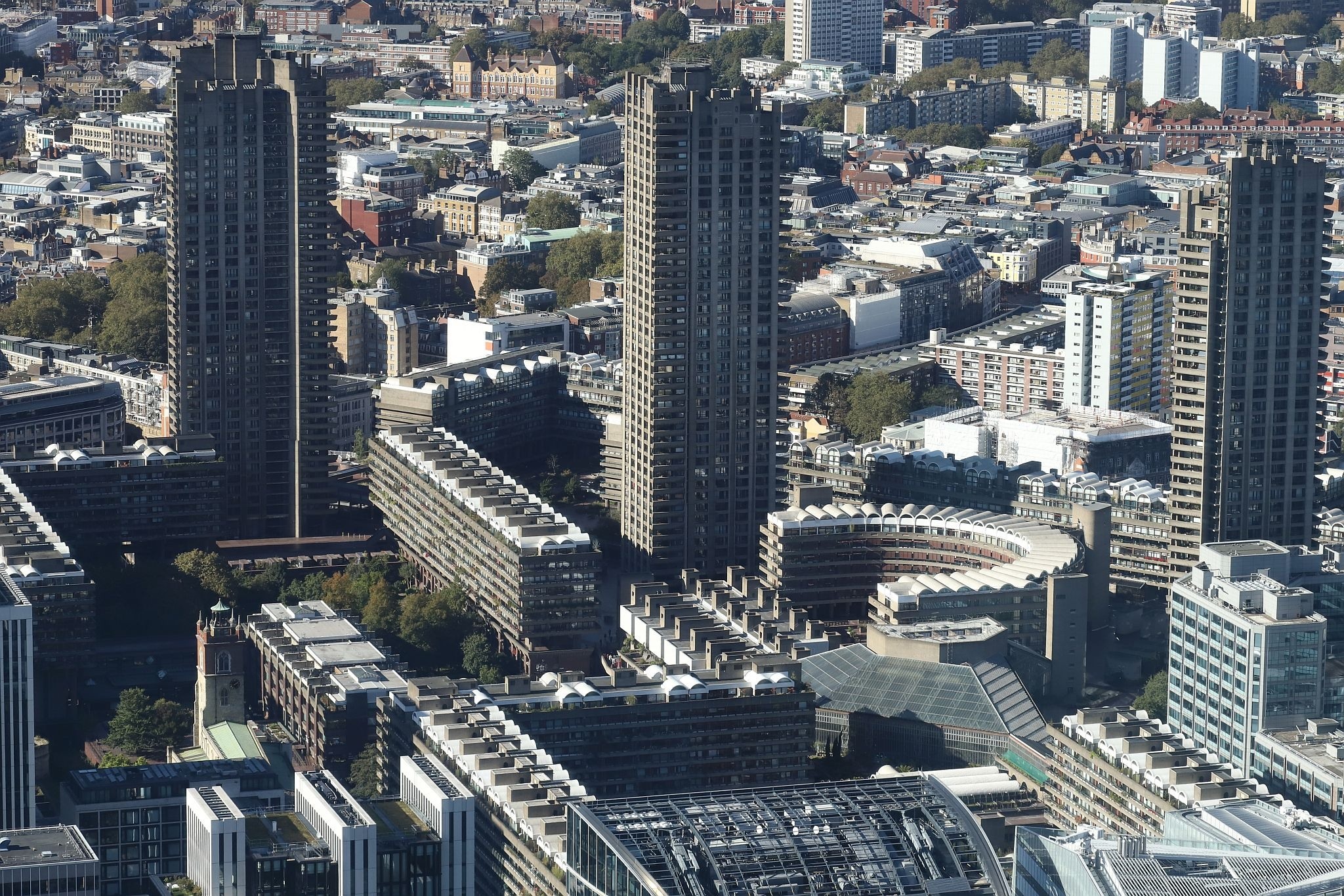 Aerial view of The Barbican Estate in the City of London. View from the Horizon observation platform on the 58th floor of 22 Bishopsgate in the City of London. Photo taken on 15-Oct-2023.