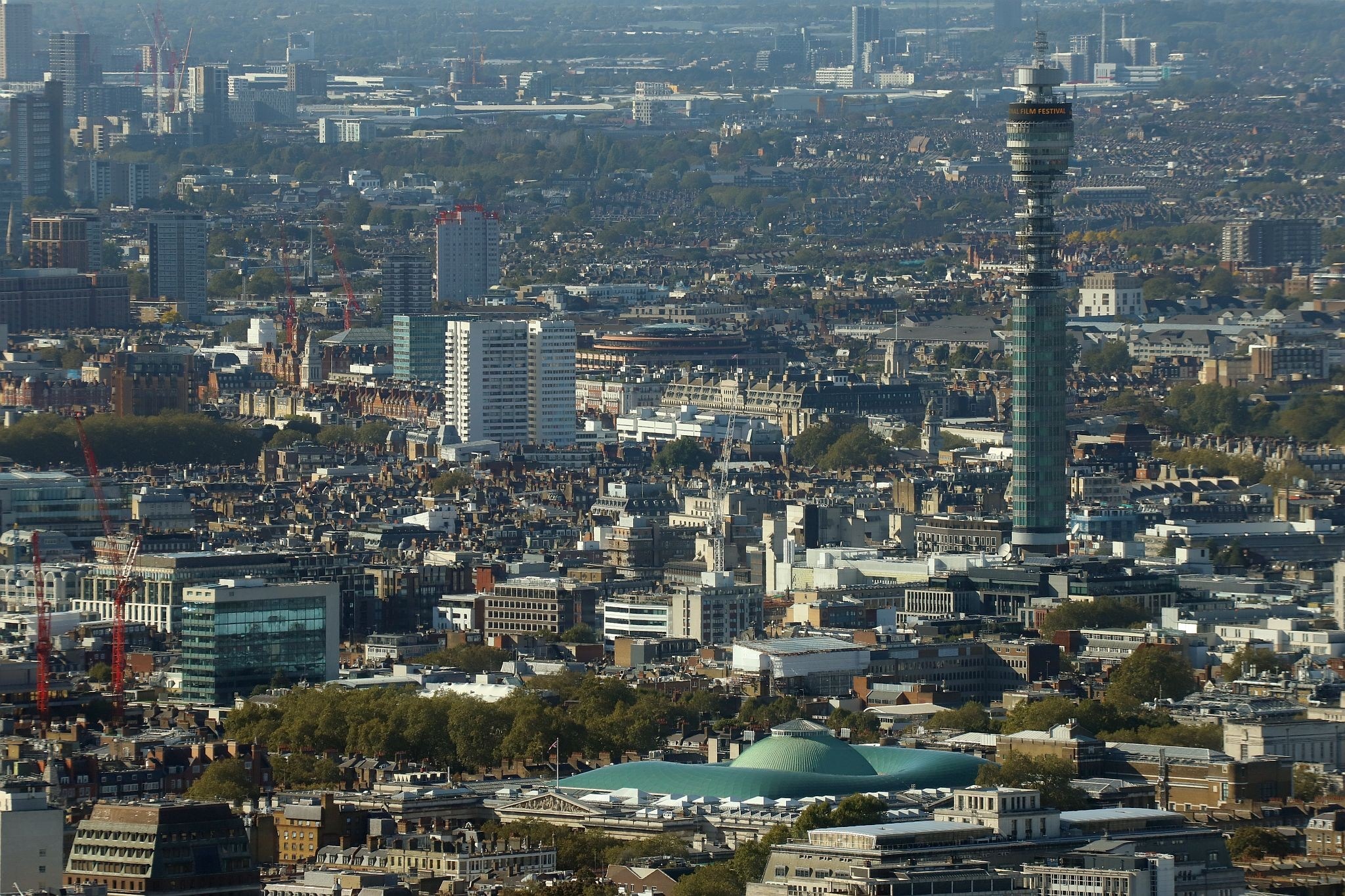 The British Telecom Tower (Post Office Tower, GPO Tower) and British Museum. View from the Horizon observation platform on the 58th floor of 22 Bishopsgate in the City of London. Photo taken on 15-Oct-2023.