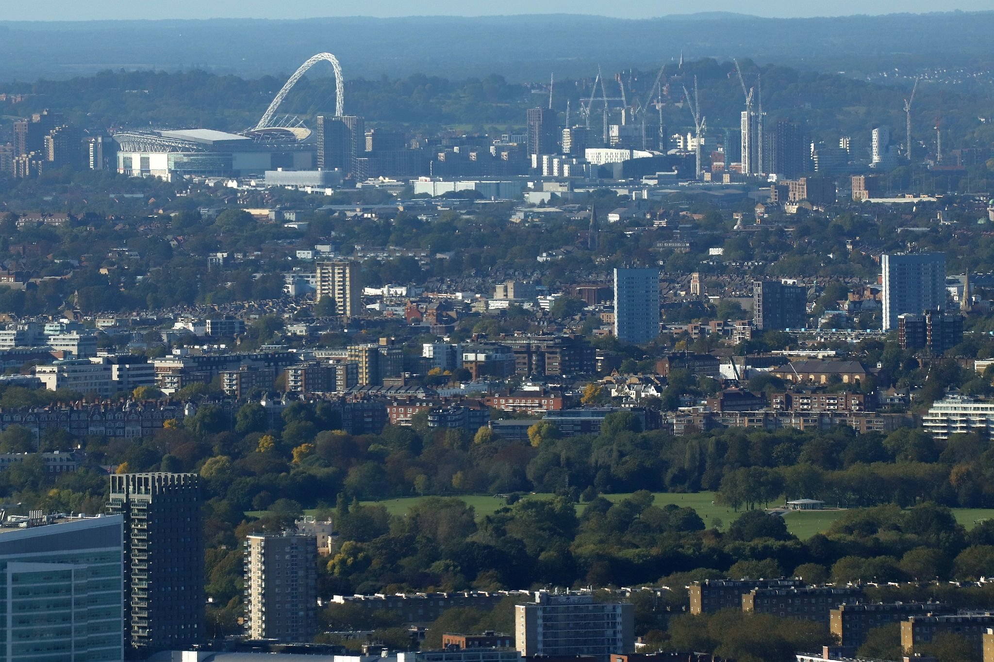 Aerial view of Wembley Stadium and Primrose Hill in London. View from the Horizon observation platform on the 58th floor of 22 Bishopsgate in the City of London. Photo taken on 15-Oct-2023.