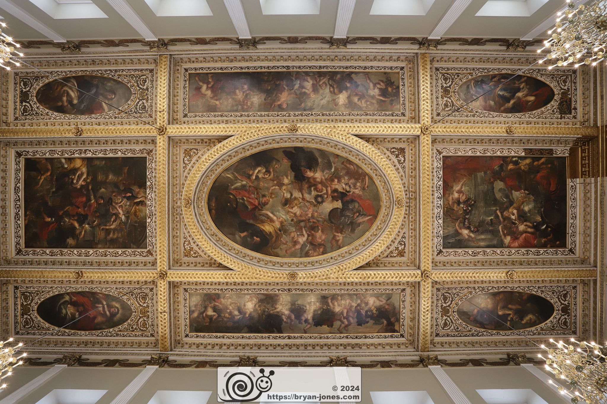 The Rubens Ceiling in the Banqueting House by Inigo Jones, Palace of Whitehall, London. 19-May-2024.