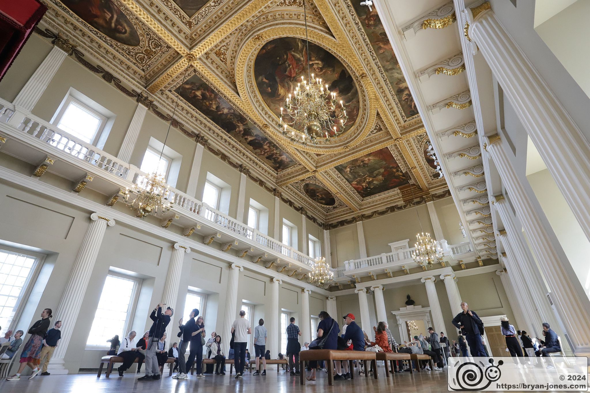 The interior of Inigo Jones' Banqueting House showing the Rubens Ceiling, Palace of Whitehall, London. 19-May-2024.