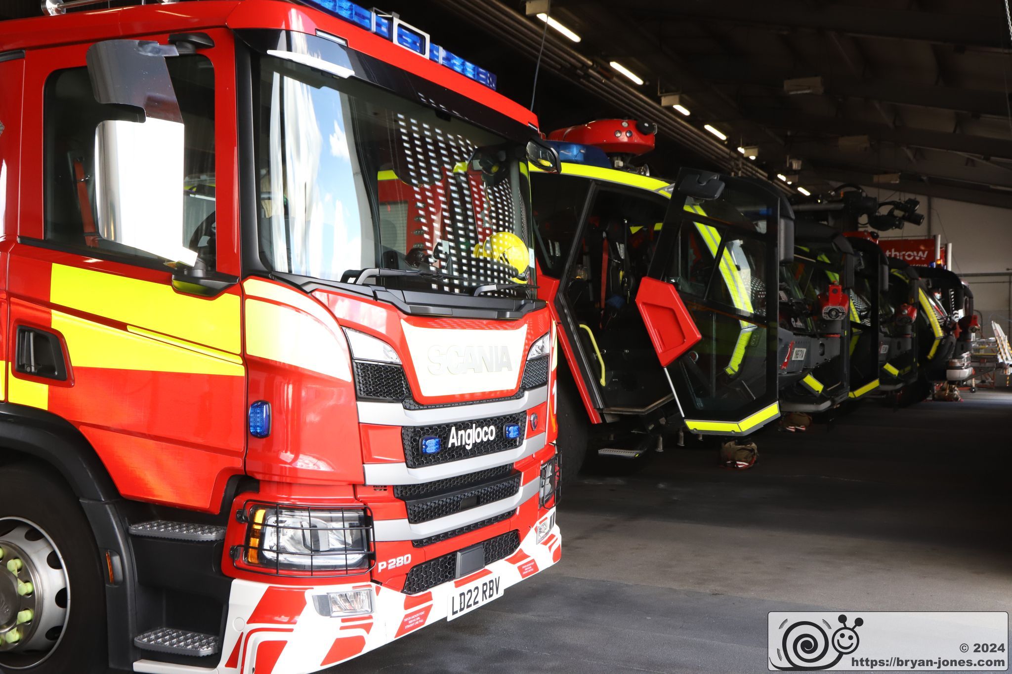 Angloco Scania and Rosenbauer Panther fire appliances in bays