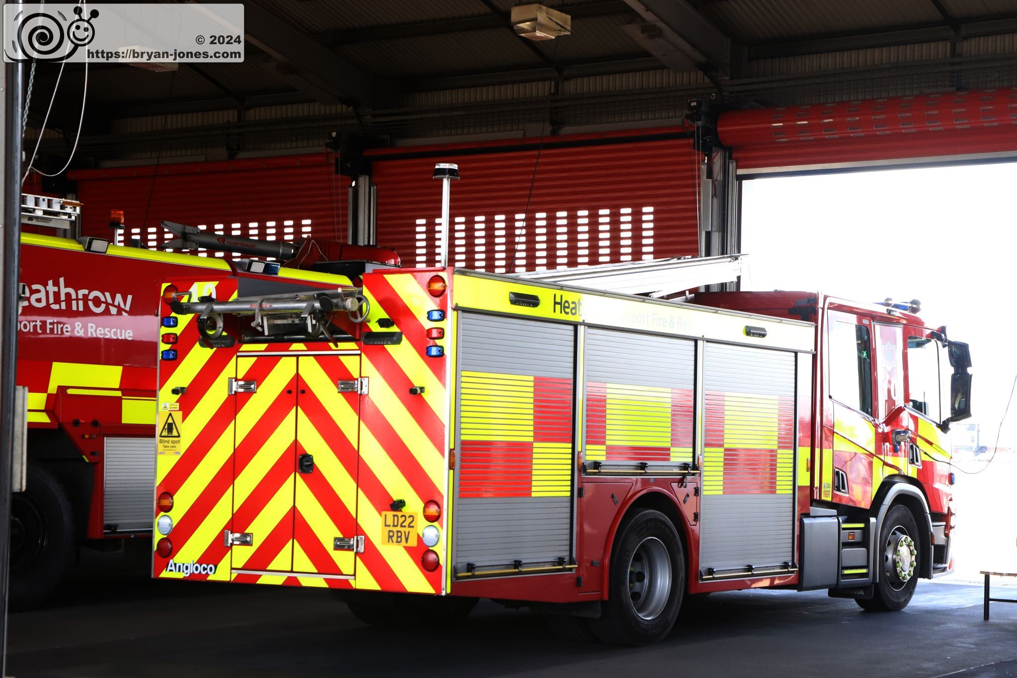 Rear three quarter of Angloco Scania fire appliance in the bay