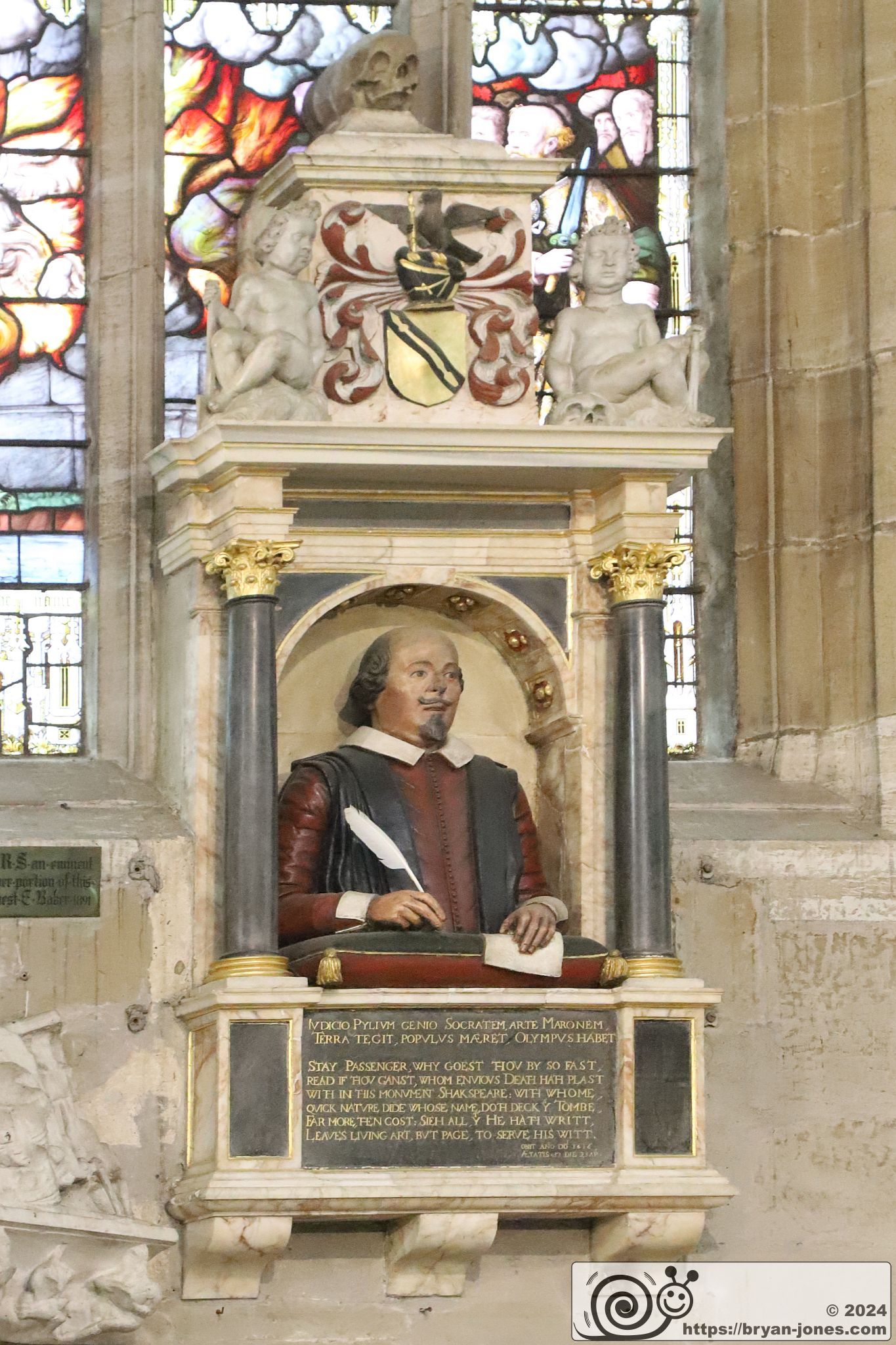 William Shakespeare's memorial on church wall above his grave