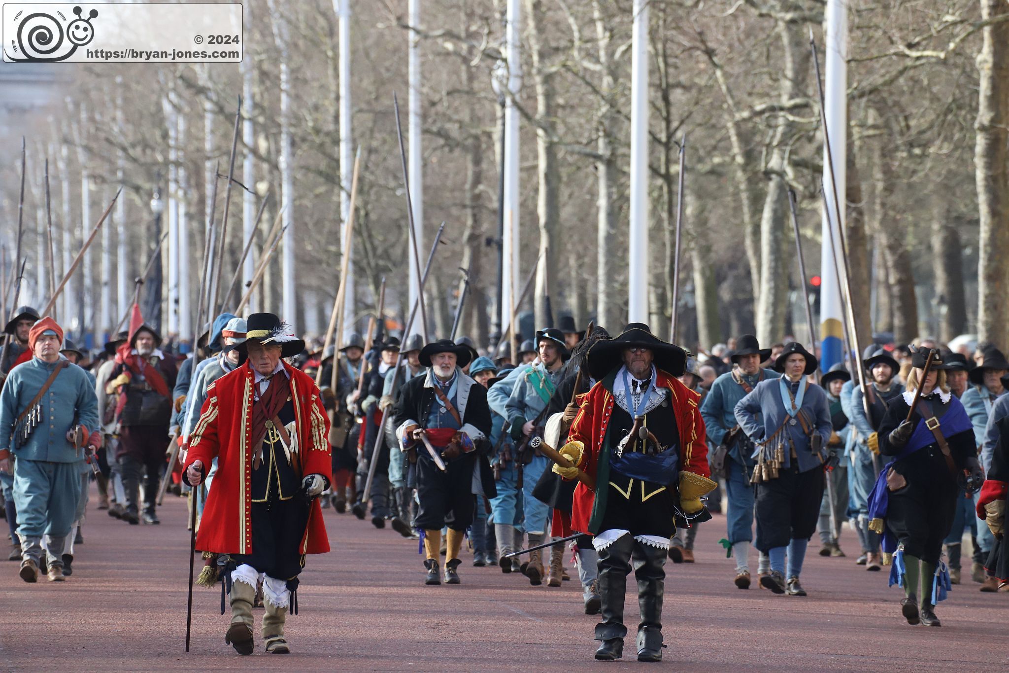 The King's Army of the English Civil War Society parade for the 2024 commemoration of the Horrible Murder (Execution) of King Charles I in 1649. The parade goes from The Mall to Horse Guards where a small detachment goes through to the Banqueting House in Whitehall to lay a wreath. Photo taken 28-Jan-2024 by Bryan Jones.