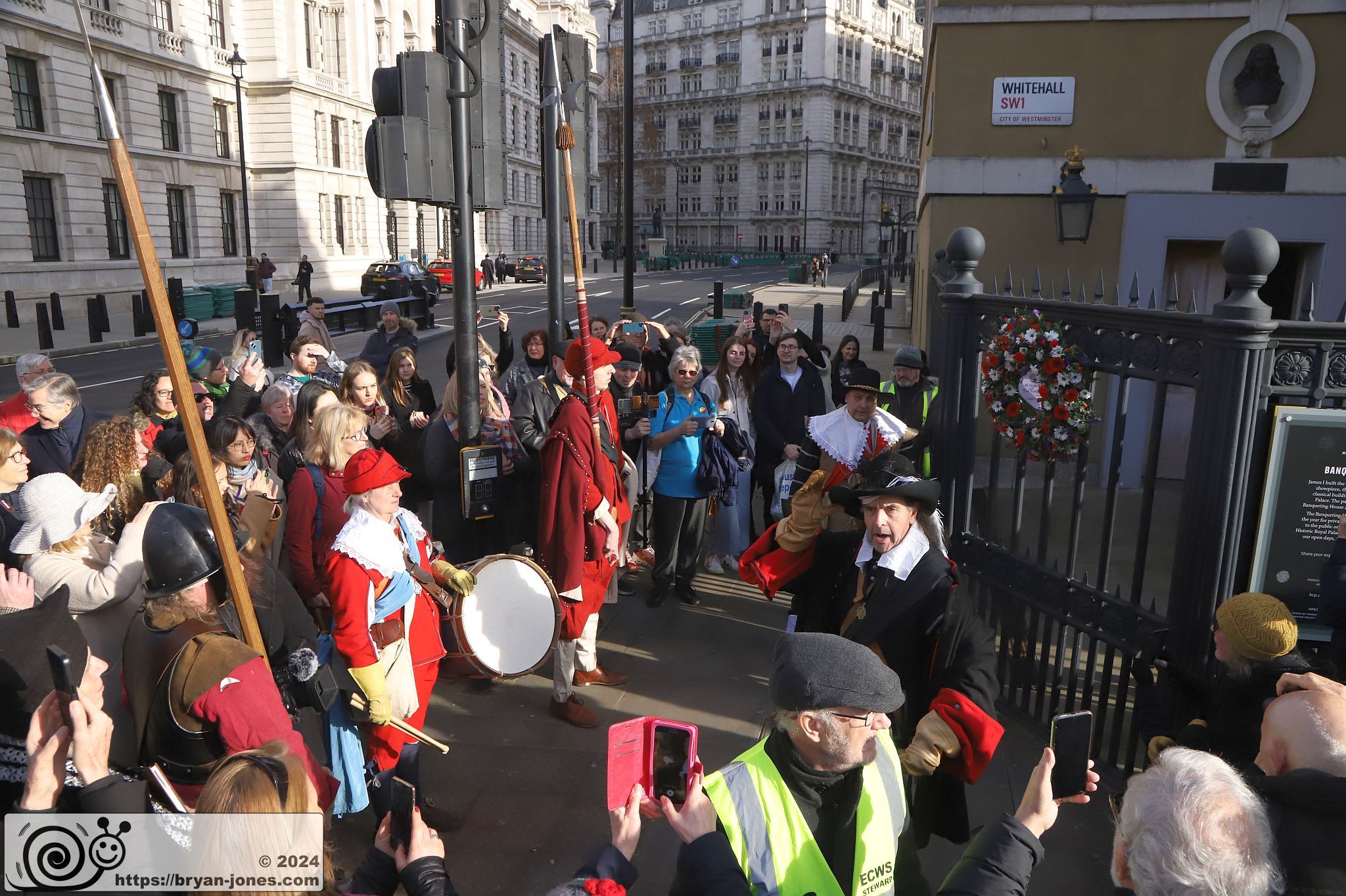 The King's Army of the English Civil War Society parade for the 2024 commemoration of the Horrible Murder (Execution) of King Charles I in 1649. The parade goes from The Mall to Horse Guards where a small detachment goes through to the Banqueting House in Whitehall to lay a wreath. Photo taken 28-Jan-2024 by Bryan Jones.