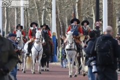 The King's Army of the English Civil War Society parade for the 2024 commemoration of the Horrible Murder (Execution) of King Charles I in 1649. The parade goes from The Mall to Horse Guards where a small detachment goes through to the Banqueting House in Whitehall to lay a wreath. Photo taken 28-Jan-2024 by Bryan Jones.