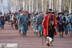 The King's Army of the English Civil War Society parade for the 2024 commemoration of the Horrible Murder (Execution) of King Charles I in 1649. The parade goes from The Mall to Horse Guards where a small detachment goes through to the Banqueting House in Whitehall to lay a wreath. Photo taken 28-Jan-2024 by Bryan Jones.