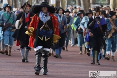 The King's Army of the English Civil War Society parade for the 2024 commemoration of the Horrible Murder (Execution) of King Charles I in 1649. The parade goes from The Mall to Horse Guards where a small detachment goes through to the Banqueting House in Whitehall to lay a wreath. Photo taken 28-Jan-2024 by Bryan Jones.