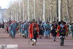 The King's Army of the English Civil War Society parade for the 2024 commemoration of the Horrible Murder (Execution) of King Charles I in 1649. The parade goes from The Mall to Horse Guards where a small detachment goes through to the Banqueting House in Whitehall to lay a wreath. Photo taken 28-Jan-2024 by Bryan Jones.