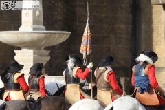The King's Army of the English Civil War Society parade for the 2024 commemoration of the Horrible Murder (Execution) of King Charles I in 1649. The parade goes from The Mall to Horse Guards where a small detachment goes through to the Banqueting House in Whitehall to lay a wreath. Photo taken 28-Jan-2024 by Bryan Jones.