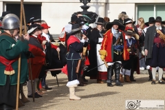 The King's Army of the English Civil War Society parade for the 2024 commemoration of the Horrible Murder (Execution) of King Charles I in 1649. The parade goes from The Mall to Horse Guards where a small detachment goes through to the Banqueting House in Whitehall to lay a wreath. Photo taken 28-Jan-2024 by Bryan Jones.