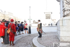 Before the 2024 parade, a detachment of The King's Army of the English Civil War Society lay a wreath at the statue of King Charles I in Whitehall and Trafalgar. Photo taken 28-Jan-2024 by Bryan Jones.
