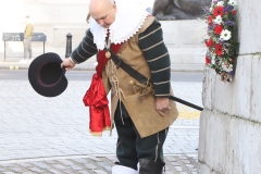 Before the 2024 parade, a detachment of The King's Army of the English Civil War Society lay a wreath at the statue of King Charles I in Whitehall and Trafalgar. Photo taken 28-Jan-2024 by Bryan Jones.