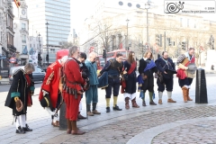 Before the 2024 parade, a detachment of The King's Army of the English Civil War Society lay a wreath at the statue of King Charles I in Whitehall and Trafalgar. Photo taken 28-Jan-2024 by Bryan Jones.