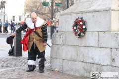Before the 2024 parade, a detachment of The King's Army of the English Civil War Society lay a wreath at the statue of King Charles I in Whitehall and Trafalgar. Photo taken 28-Jan-2024 by Bryan Jones.