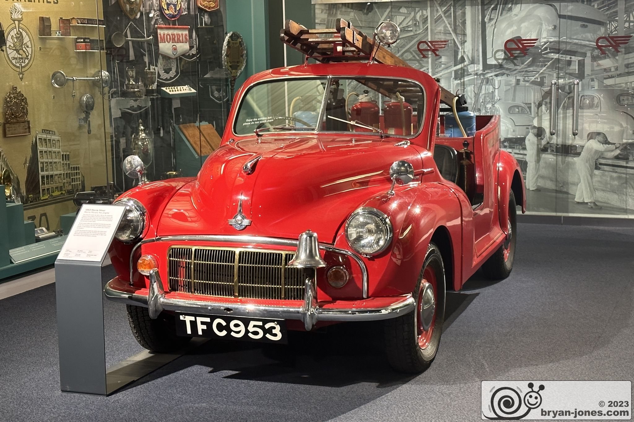 1953 Morris Minor fire engine TFC953 at the British Motor Museum in Gaydon, Warwickshire. 28-Oct-2023.