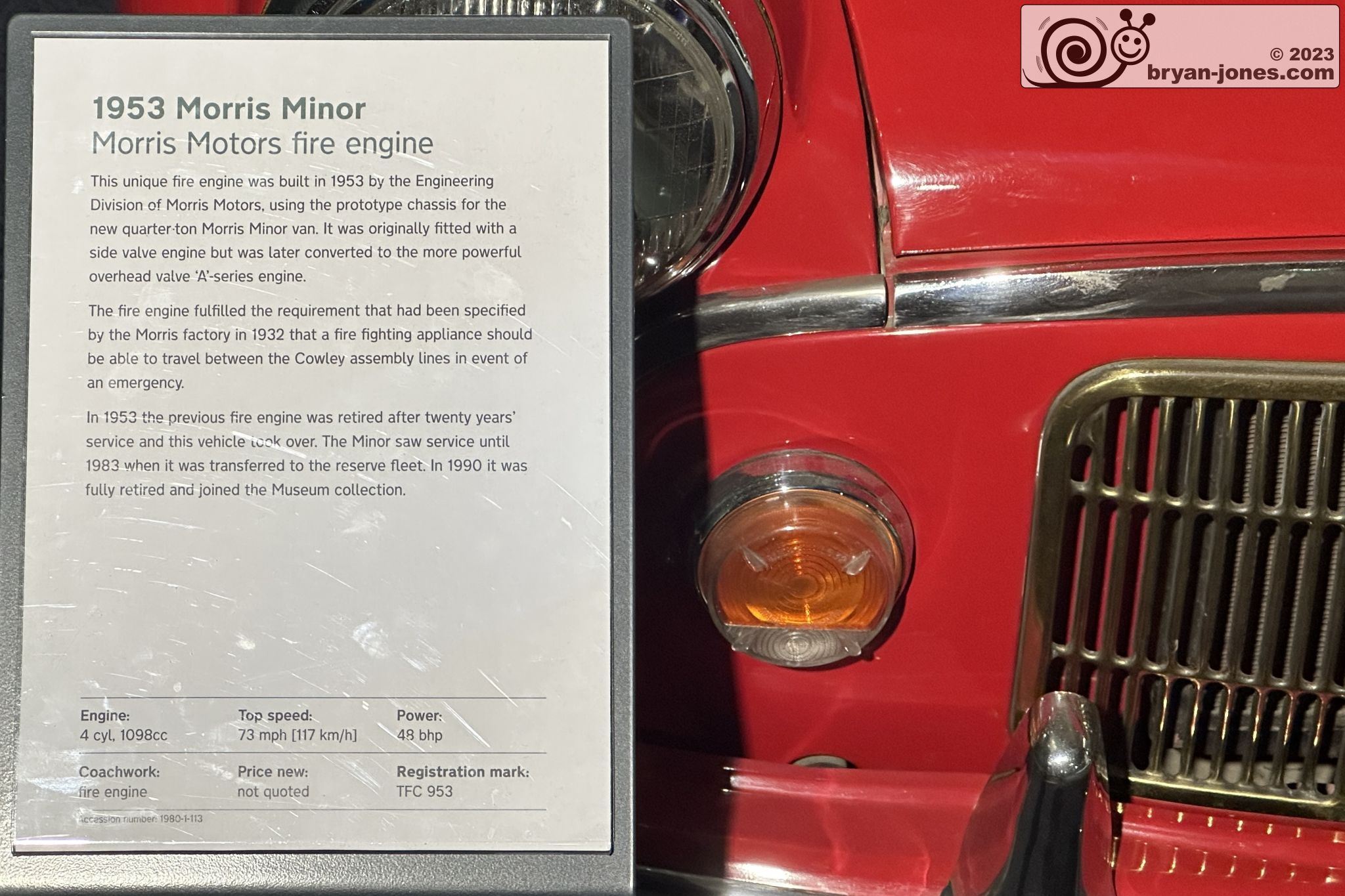 1953 Morris Minor fire engine TFC953 at the British Motor Museum in Gaydon, Warwickshire. 28-Oct-2023.