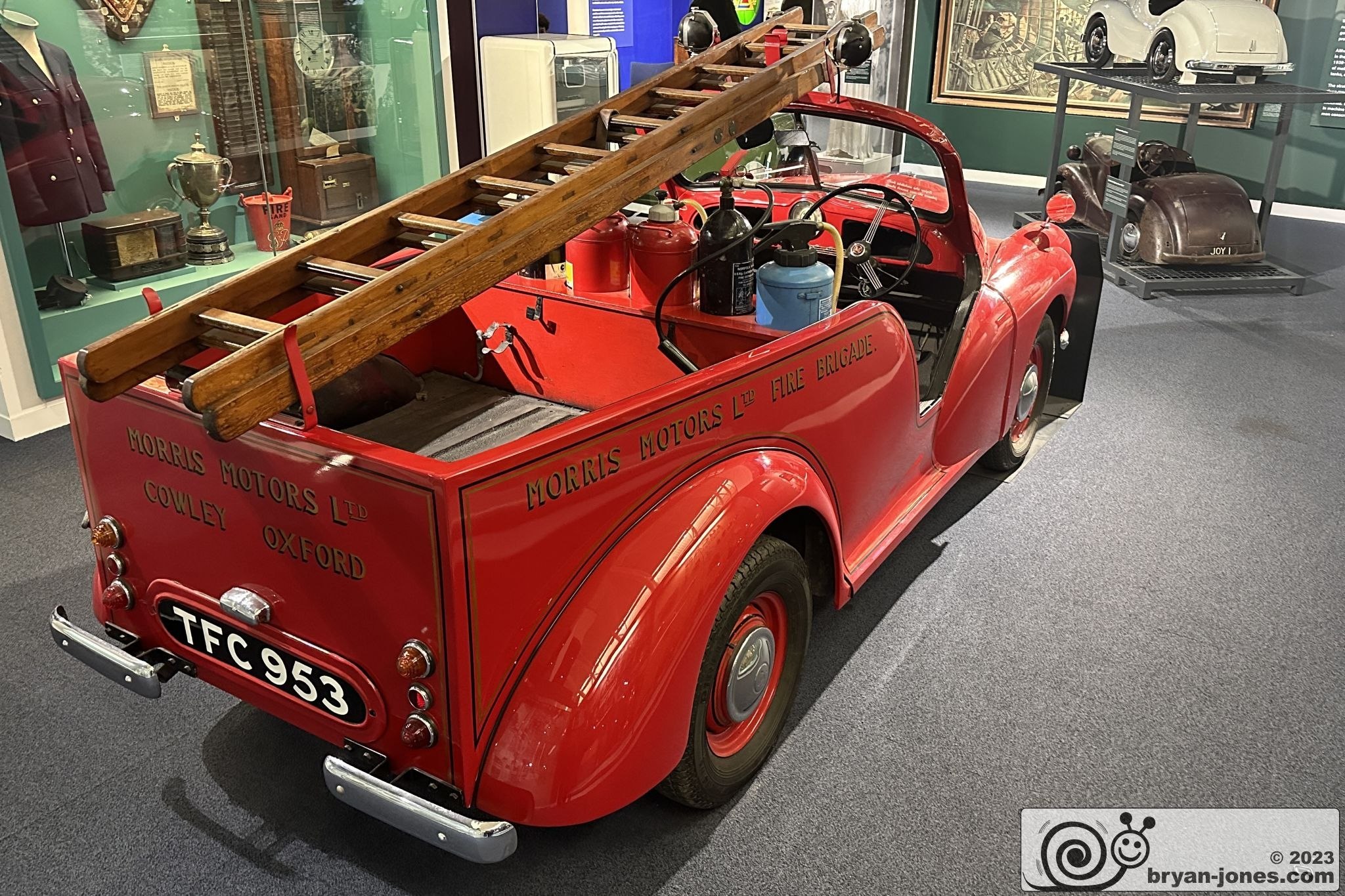 1953 Morris Minor fire engine TFC953 at the British Motor Museum in Gaydon, Warwickshire. 28-Oct-2023.