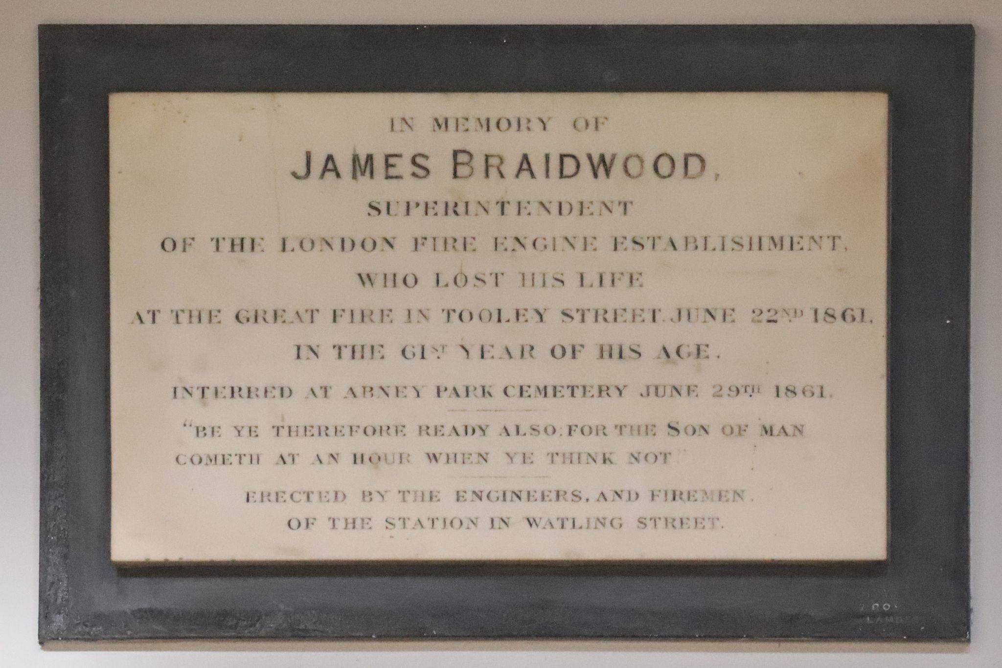 Superintendent James Braidwood killed in the Tooley Street fire 22-Jun-1861. London Fire Engine Establishment. Metropolitan Fire Brigade. London Fire Brigade.