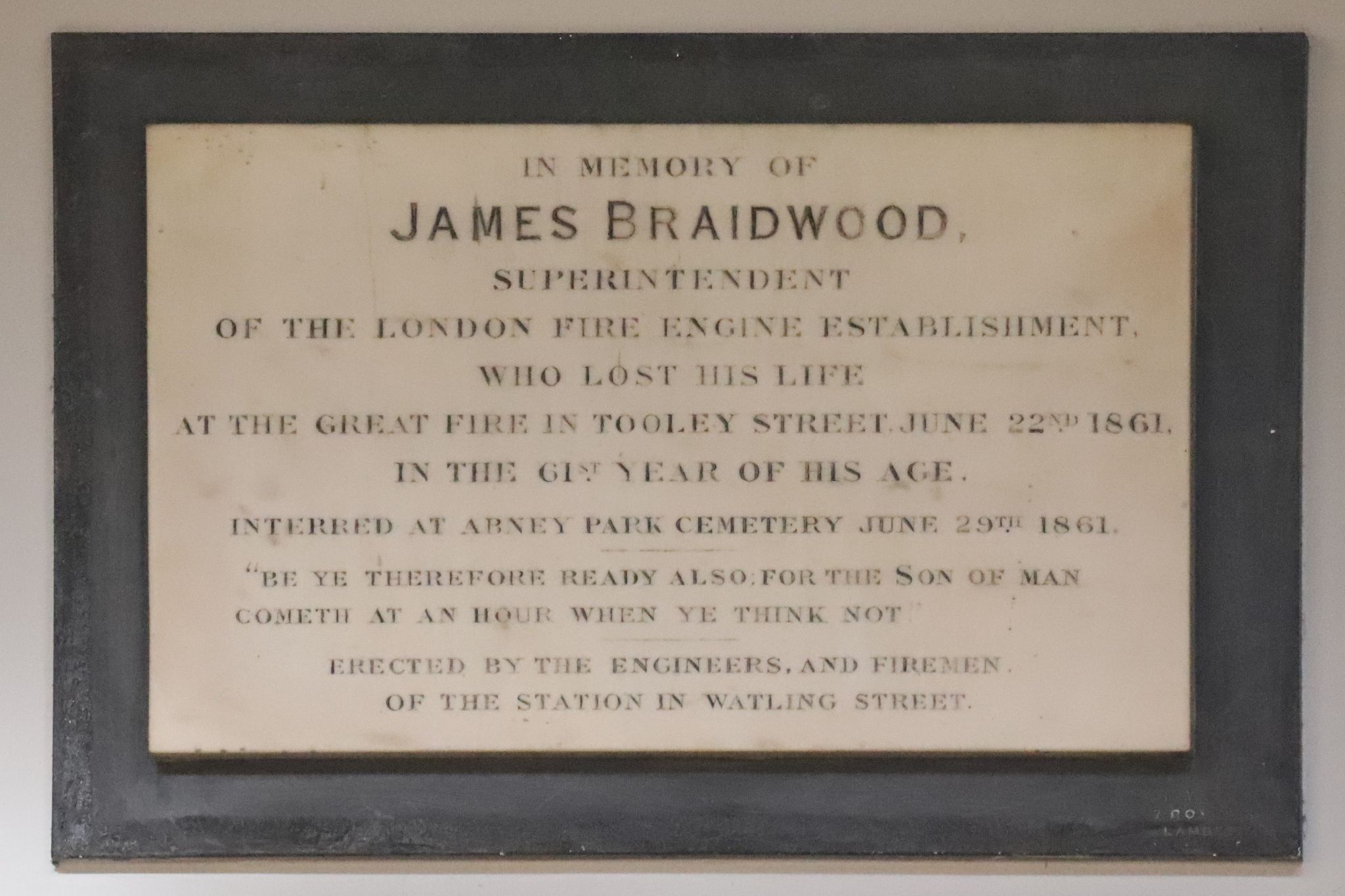 Superintendent James Braidwood killed in the Tooley Street fire 22-Jun-1861. London Fire Engine Establishment. Metropolitan Fire Brigade. London Fire Brigade.