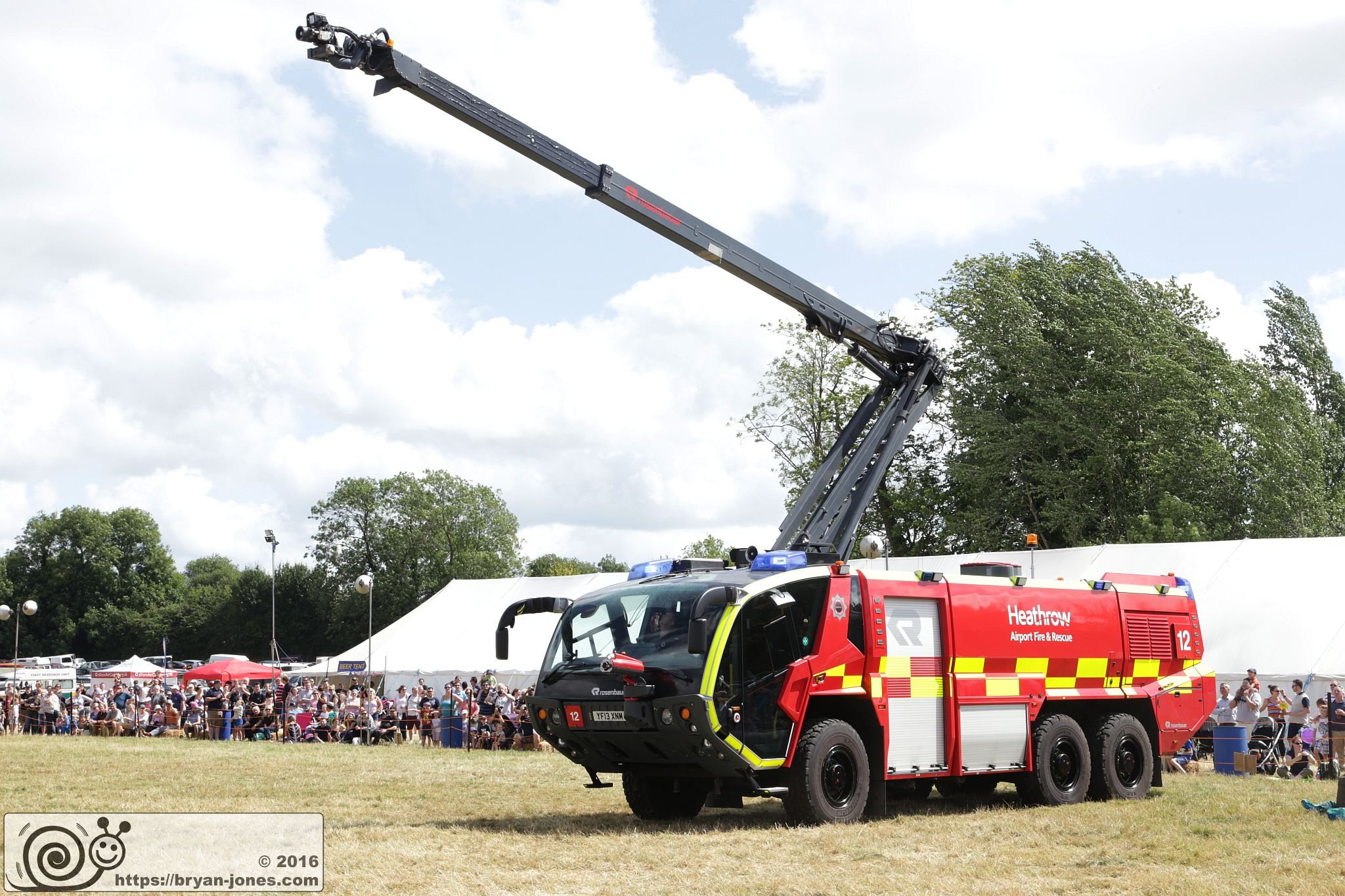 2016 Odiham Fire Show 07-Aug-2016. Heathrow Airport Fire and Rescue Rosenbauer Panther Airfield Rescuee Firefighting (ARFF) crash tender fire appliance with Stinger. YF13XNM