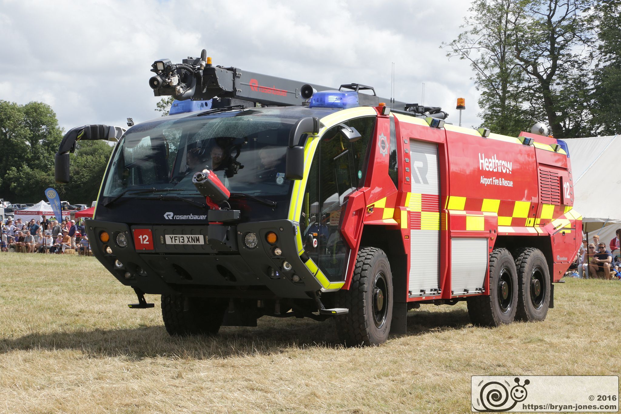 2016 Odiham Fire Show 07-Aug-2016. Heathrow Airport Fire and Rescue Rosenbauer Panther Airfield Rescuee Firefighting (ARFF) crash tender fire appliance with Stinger. YF13XNM