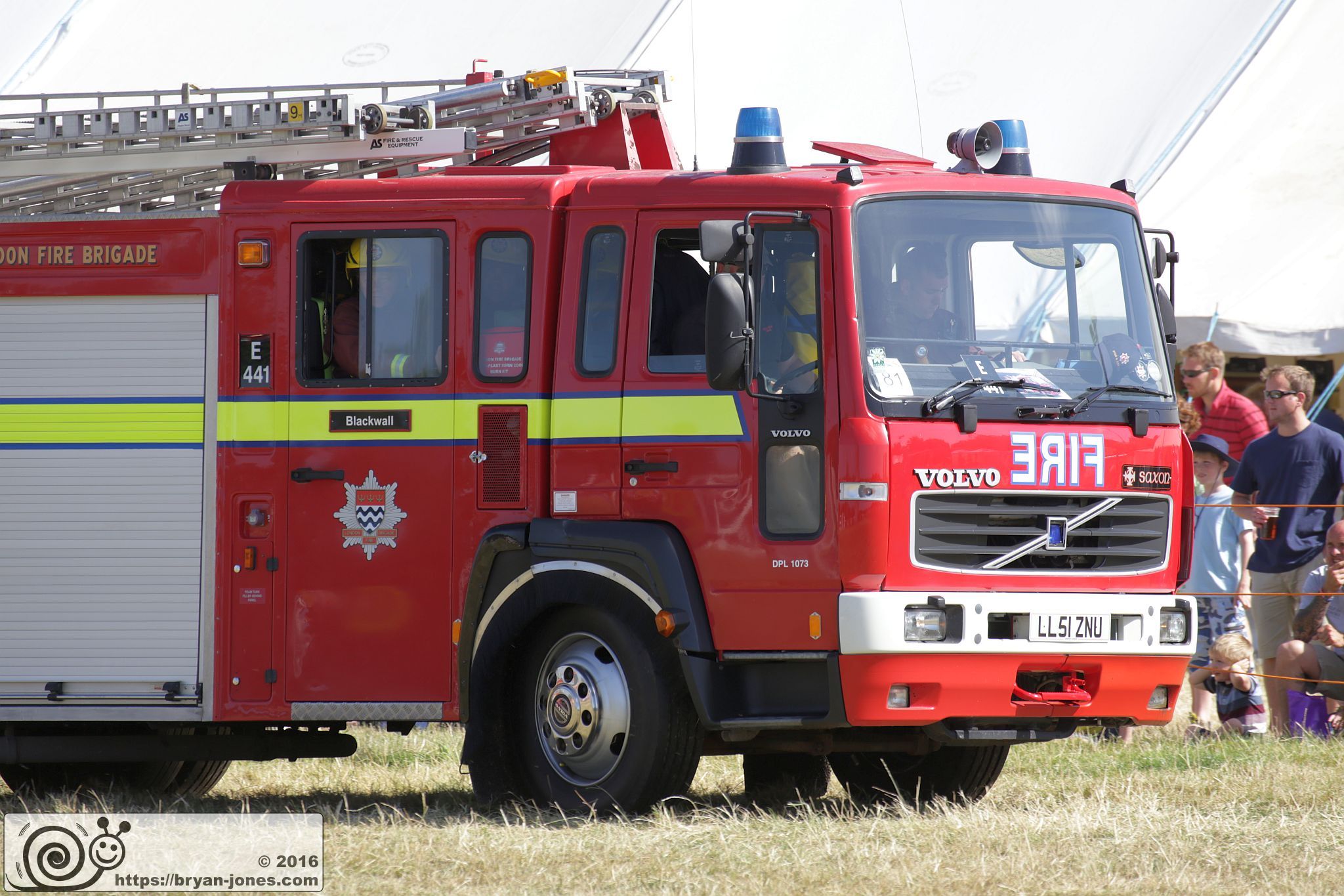 2016 Odiham Fire Show 07-Aug-2016. London Fire Brigade Volvo Saxon running as E441 Blackwall for the ITV series "London's Burning". LL51ZNU