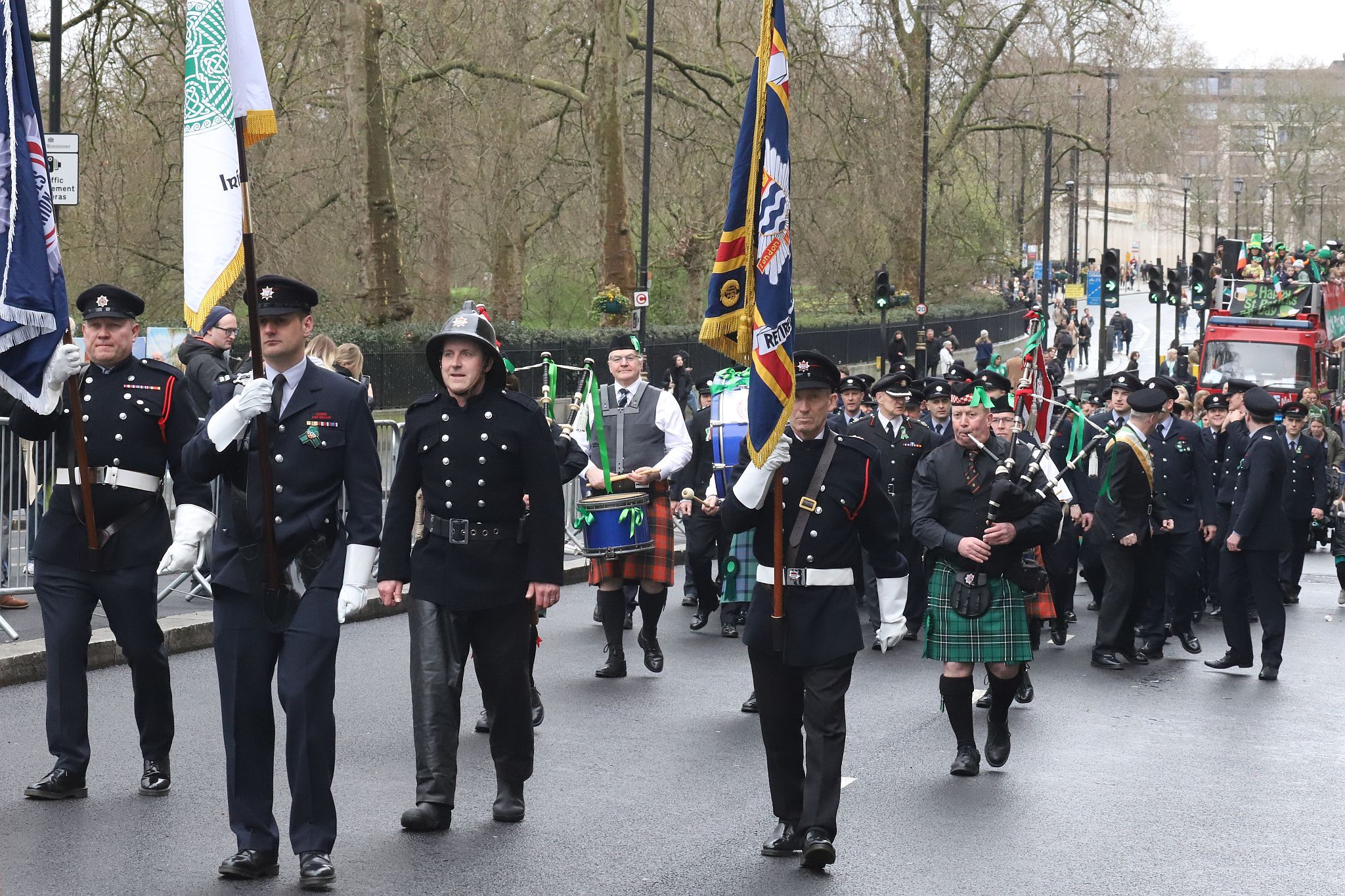 London Fire Brigade at London\'s 2024 St Patrick\'s Day Parade on 17-Mar-2024.