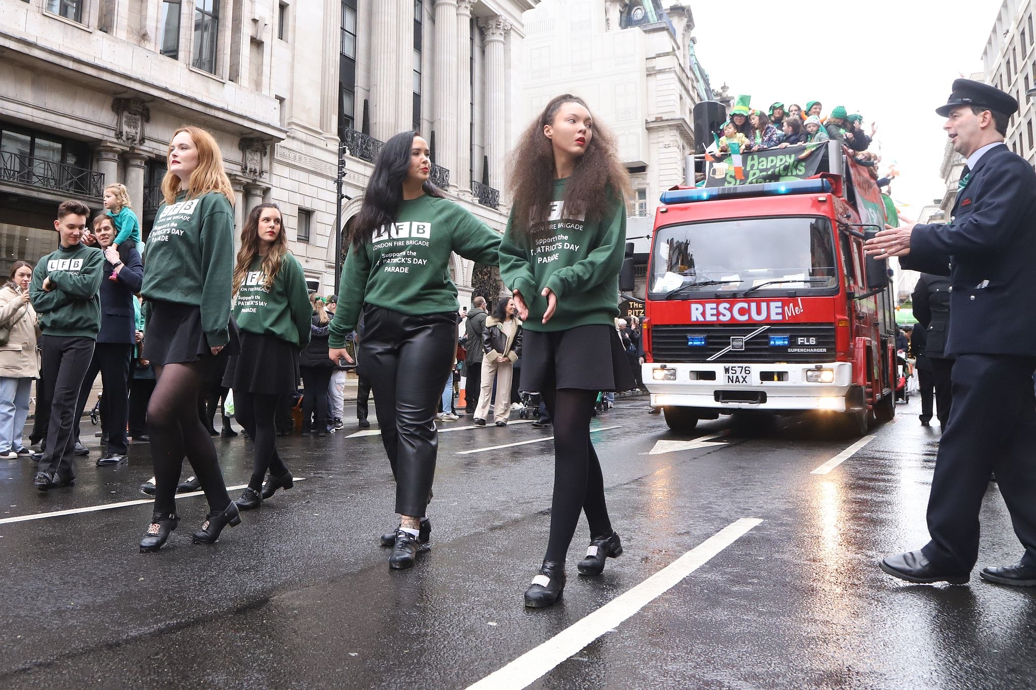 London Fire Brigade at London's 2024 St Patrick's Day Parade on 17-Mar-2024.