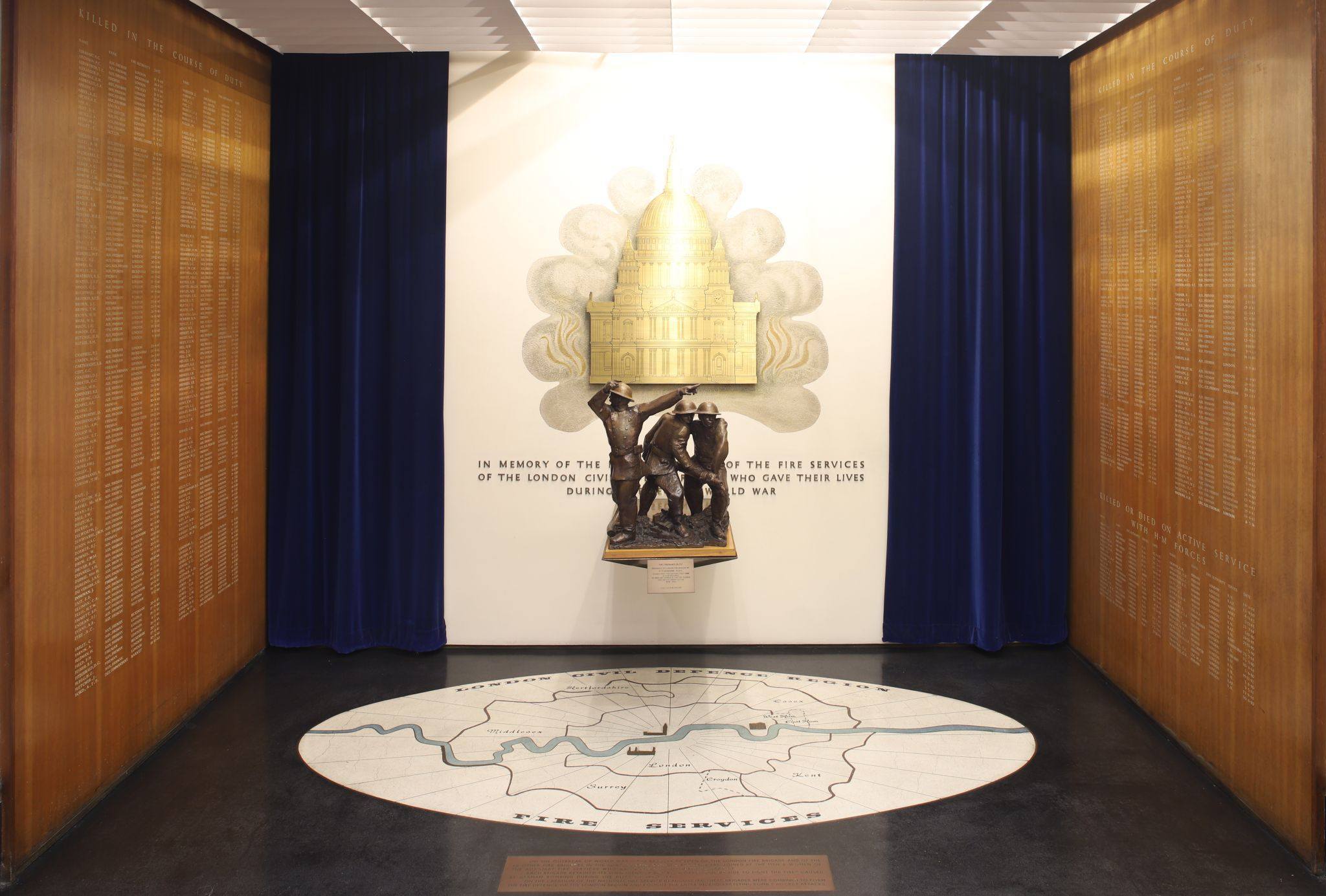 World War Two memorial. The London Fire Brigade Memorial Hall at Lambeth Fire Station. Photograph taken in October 2023. Copyright Bryan Jones, https://bryan-jones.com bryan@bryan-jones.com