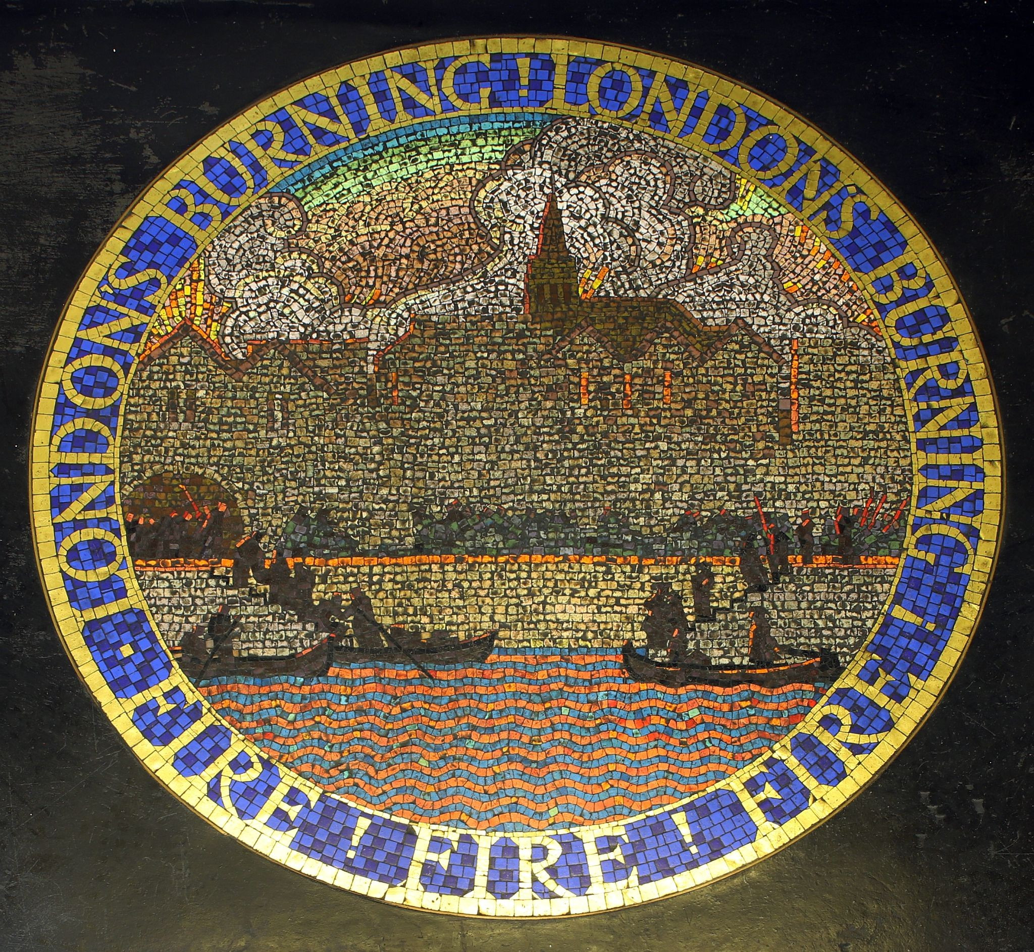 Mosaic commemorating the 1666 Great Fire of London. The London Fire Brigade Memorial Hall at Lambeth Fire Station. Photograph taken in October 2023. Copyright Bryan Jones, https://bryan-jones.com bryan@bryan-jones.com