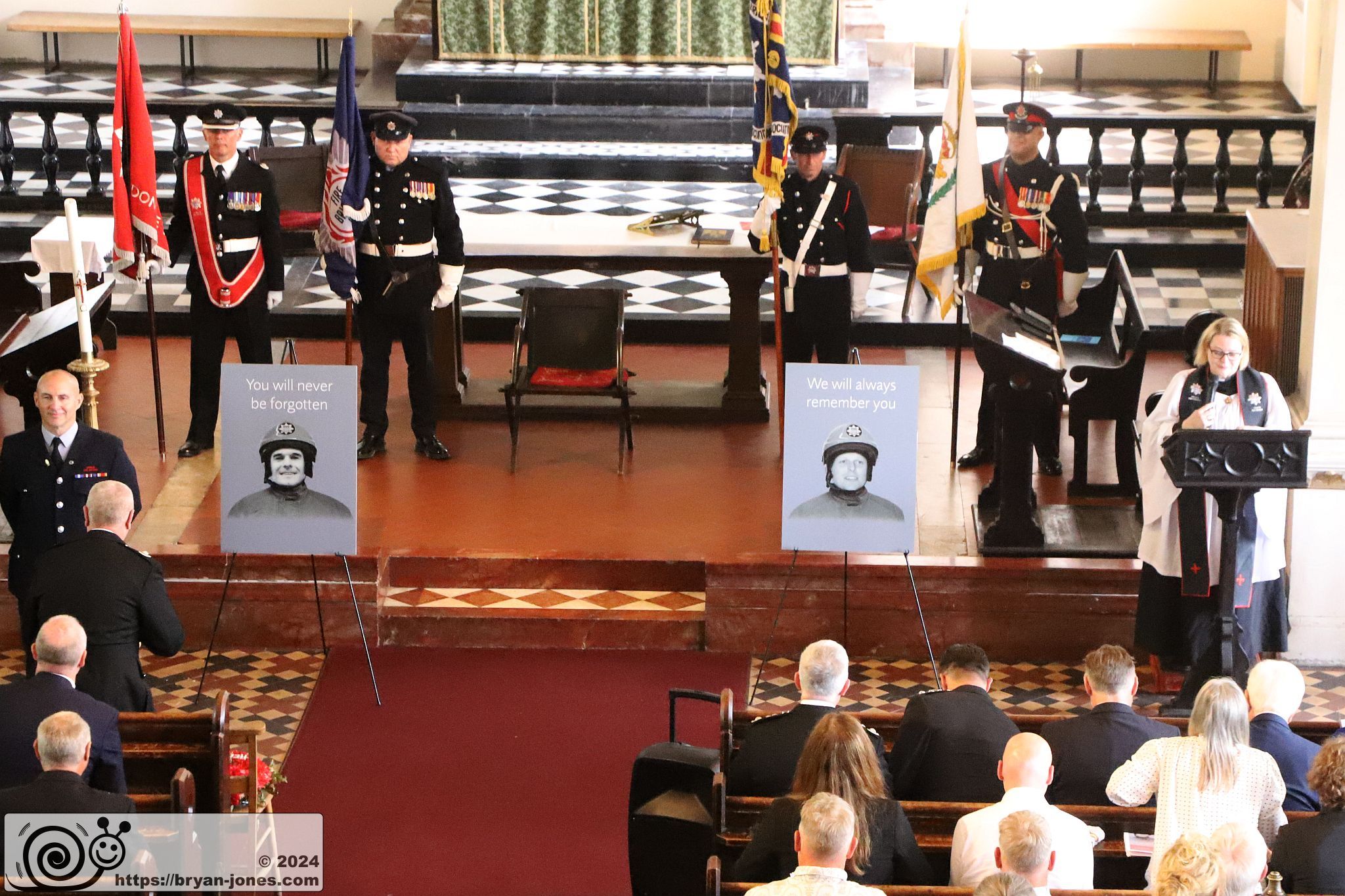 London Fire Brigade 20th anniversary memorial service for Billy Faust and Adam Meere in the Bethnal Green fire. Church memorial service at St John on Bethnal Green. 20-Jul-2024.
