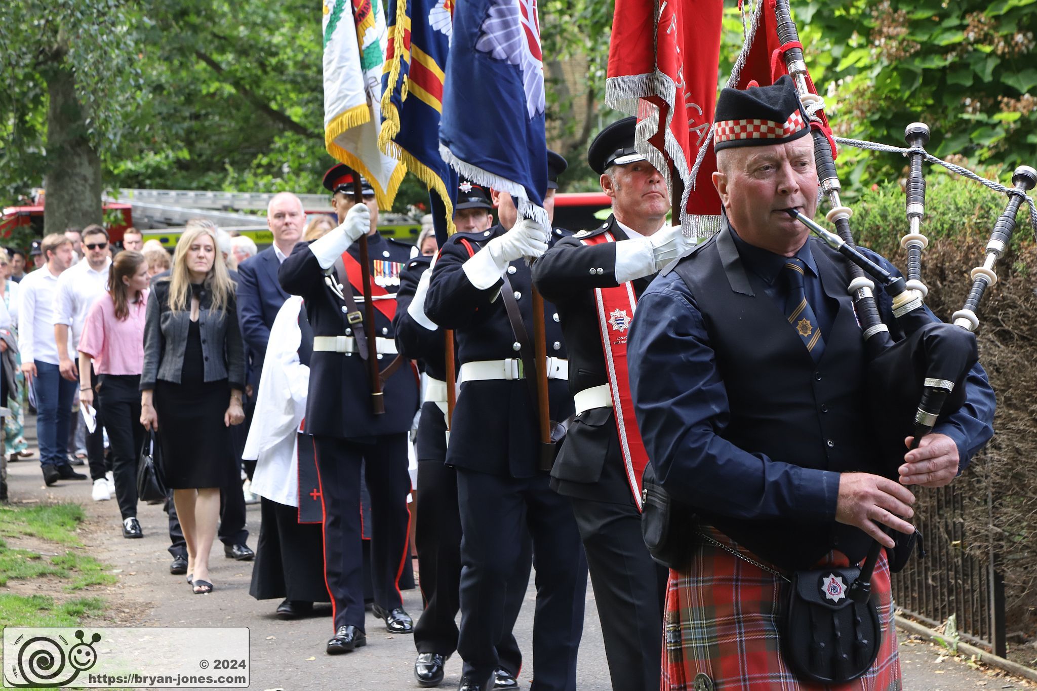 London Fire Brigade 20th anniversary memorial service for Billy Faust and Adam Meere in the Bethnal Green fire. Museum Gardens, Bethnal Green Fire Brigade Union Red Plaque memorial service. 20-Jul-2024.