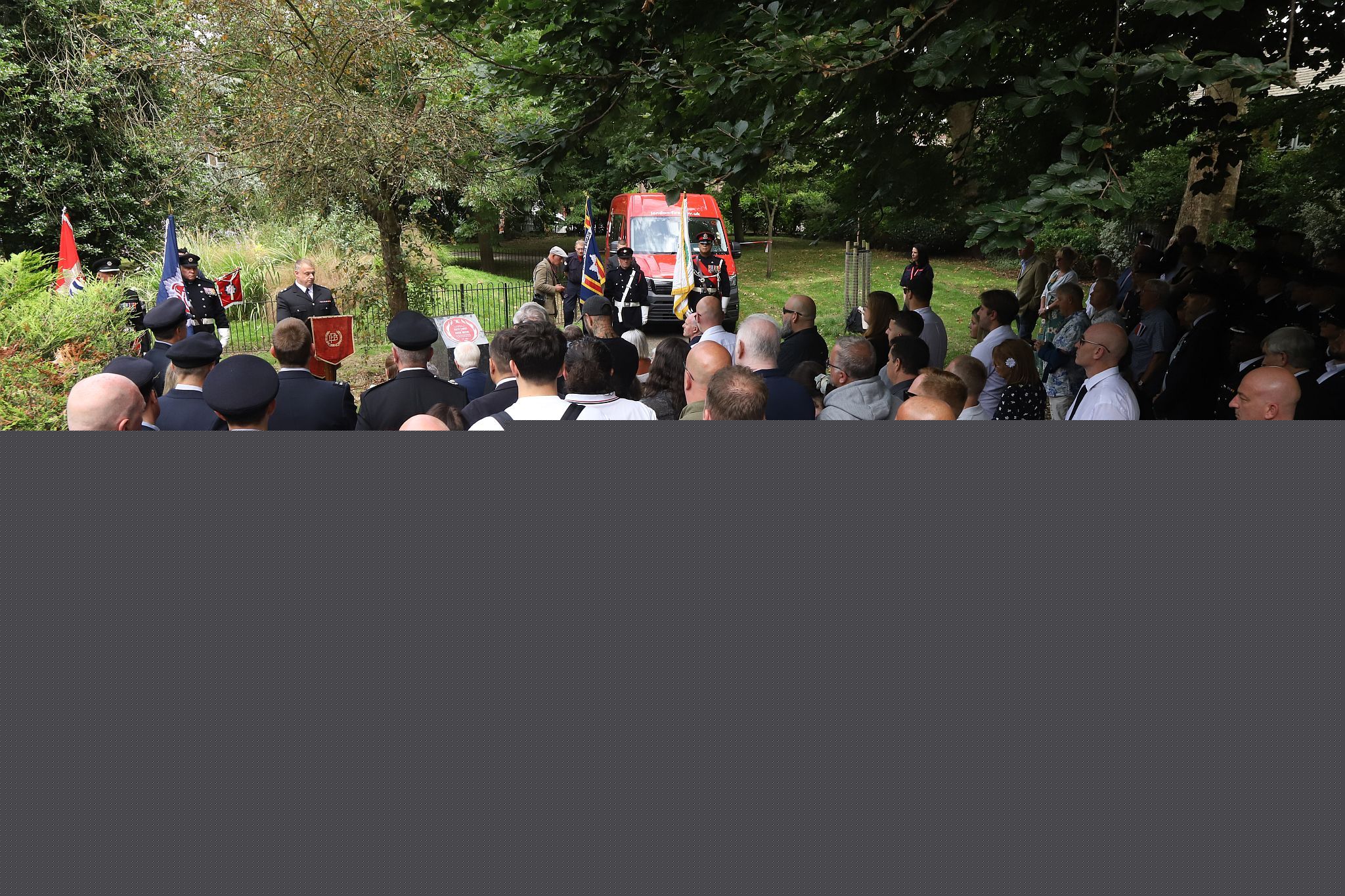 London Fire Brigade 20th anniversary memorial service for Billy Faust and Adam Meere in the Bethnal Green fire. Museum Gardens, Bethnal Green Fire Brigade Union Red Plaque memorial service. 20-Jul-2024.