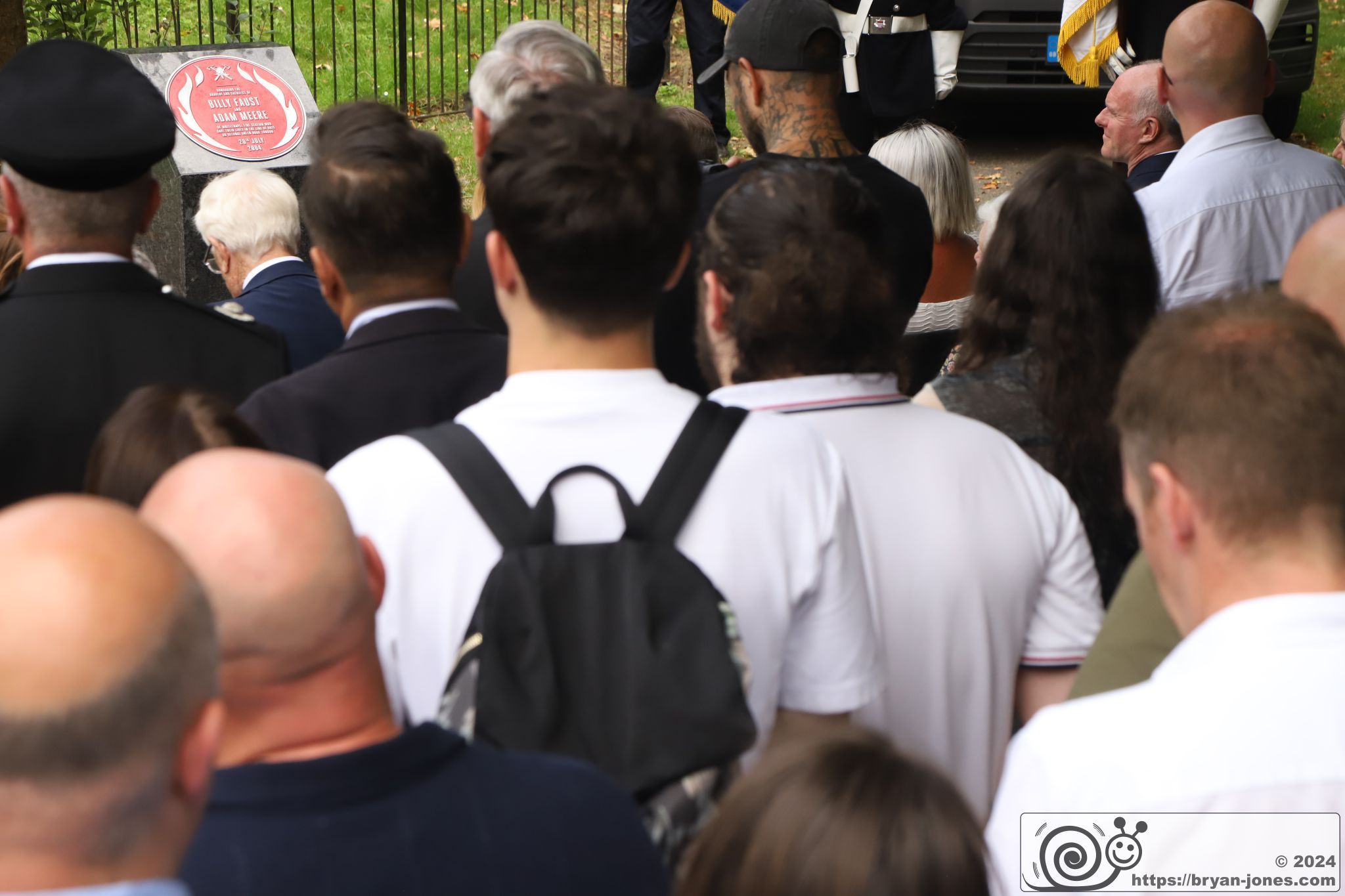 London Fire Brigade 20th anniversary memorial service for Billy Faust and Adam Meere in the Bethnal Green fire. Museum Gardens, Bethnal Green Fire Brigade Union Red Plaque memorial service. 20-Jul-2024.