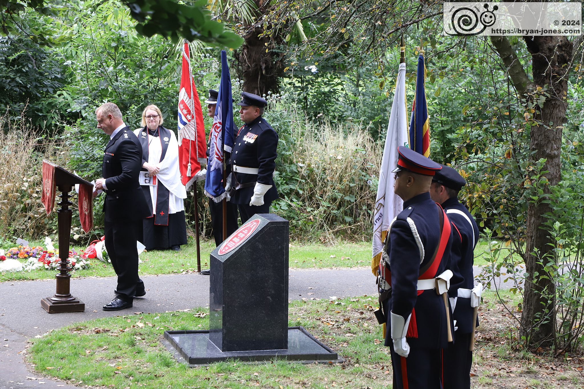London Fire Brigade 20th anniversary memorial service for Billy Faust and Adam Meere in the Bethnal Green fire. Museum Gardens, Bethnal Green Fire Brigade Union Red Plaque memorial service. 20-Jul-2024.