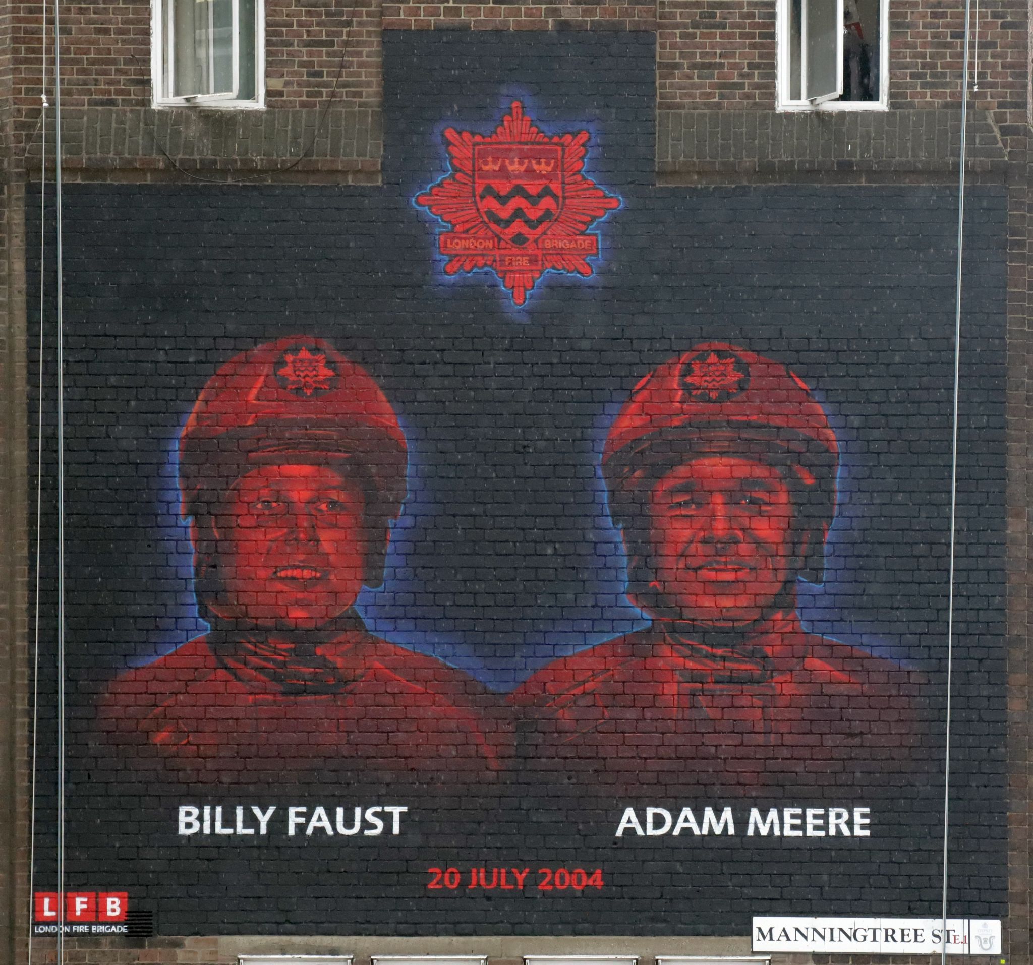 London Fire Brigade 20th anniversary memorial service for Billy Faust and Adam Meere. Unveiling of mural at Whitechapel fire station painted by artist David Speed. 20-Jul-2024.