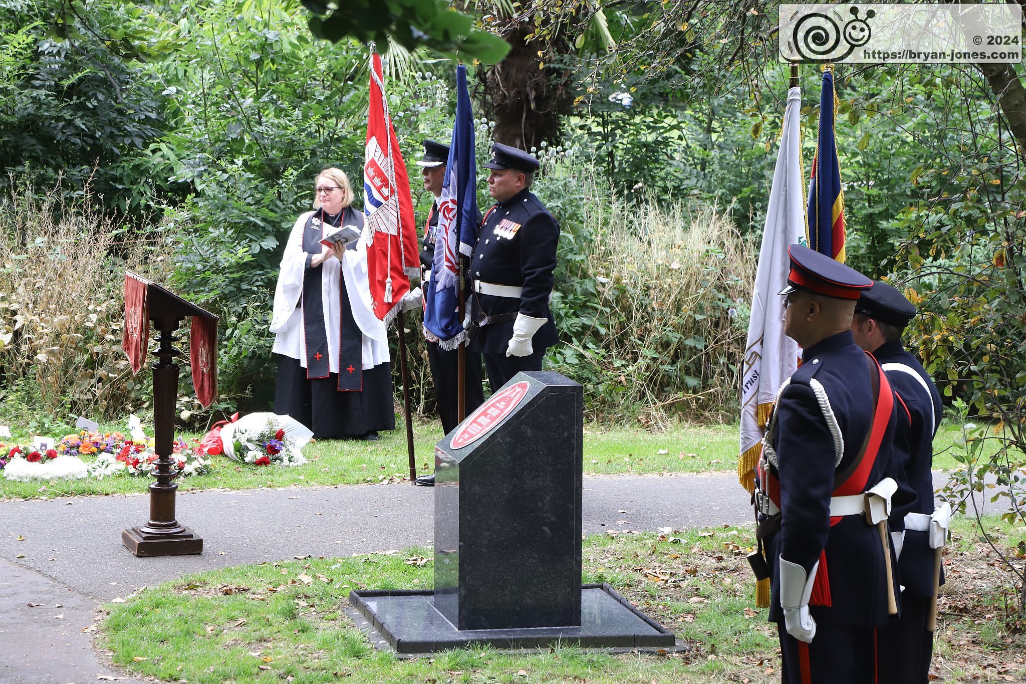 London Fire Brigade 20th anniversary memorial service for Billy Faust and Adam Meere in the Bethnal Green fire. Museum Gardens, Bethnal Green Fire Brigade Union Red Plaque memorial service. 20-Jul-2024.