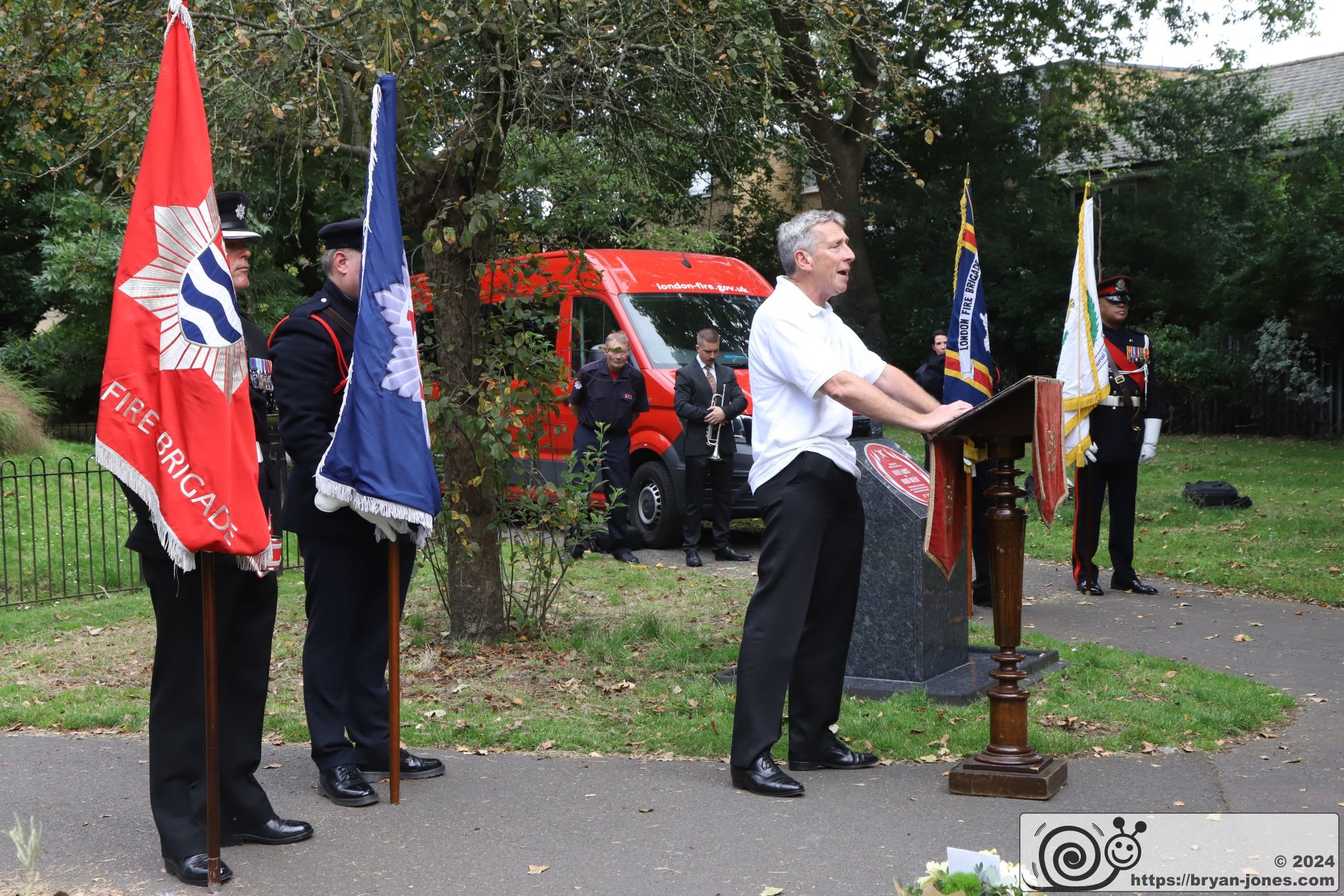 London Fire Brigade 20th anniversary memorial service for Billy Faust and Adam Meere in the Bethnal Green fire. Museum Gardens, Bethnal Green Fire Brigade Union Red Plaque memorial service. 20-Jul-2024.