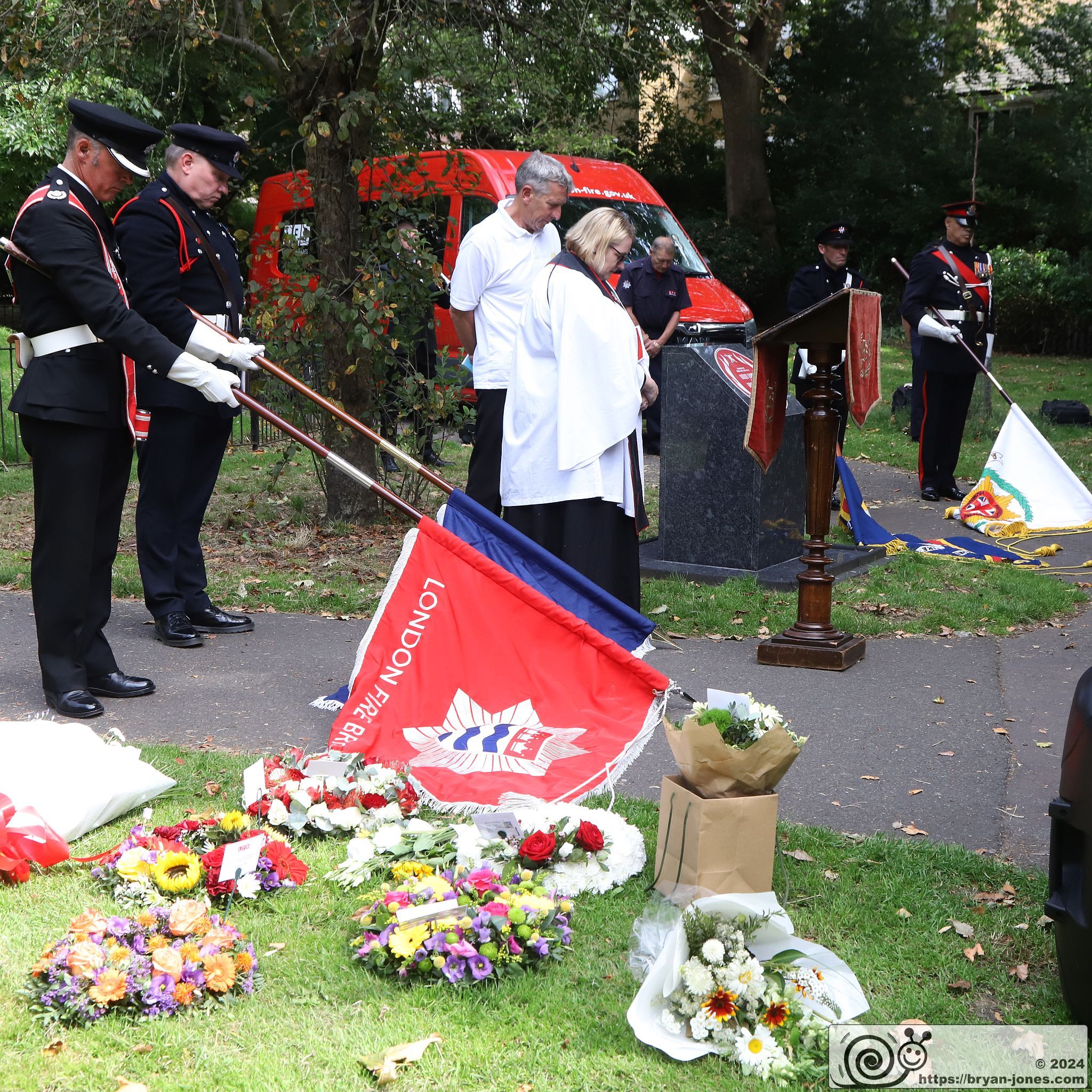 London Fire Brigade 20th anniversary memorial service for Billy Faust and Adam Meere in the Bethnal Green fire. Museum Gardens, Bethnal Green Fire Brigade Union Red Plaque memorial service. 20-Jul-2024.