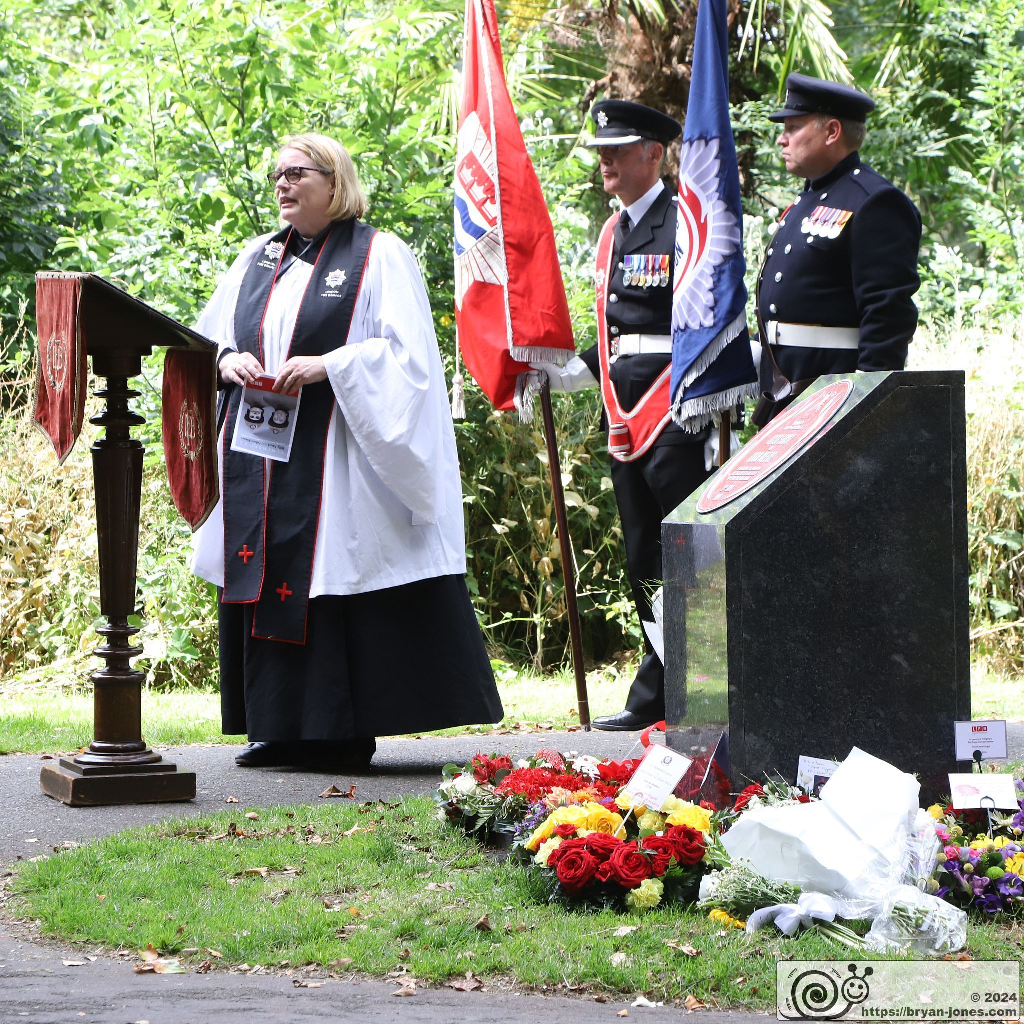 London Fire Brigade 20th anniversary memorial service for Billy Faust and Adam Meere in the Bethnal Green fire. Museum Gardens, Bethnal Green Fire Brigade Union Red Plaque memorial service. 20-Jul-2024.