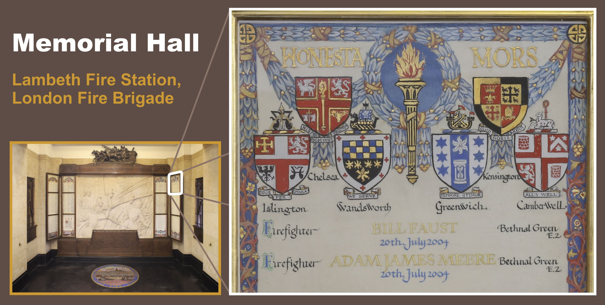 London Fire Brigade Lambeth Memorial Hall panel. Billy Faust, Adam Meere. Bethnal Green fire. 20-Jul-2004.