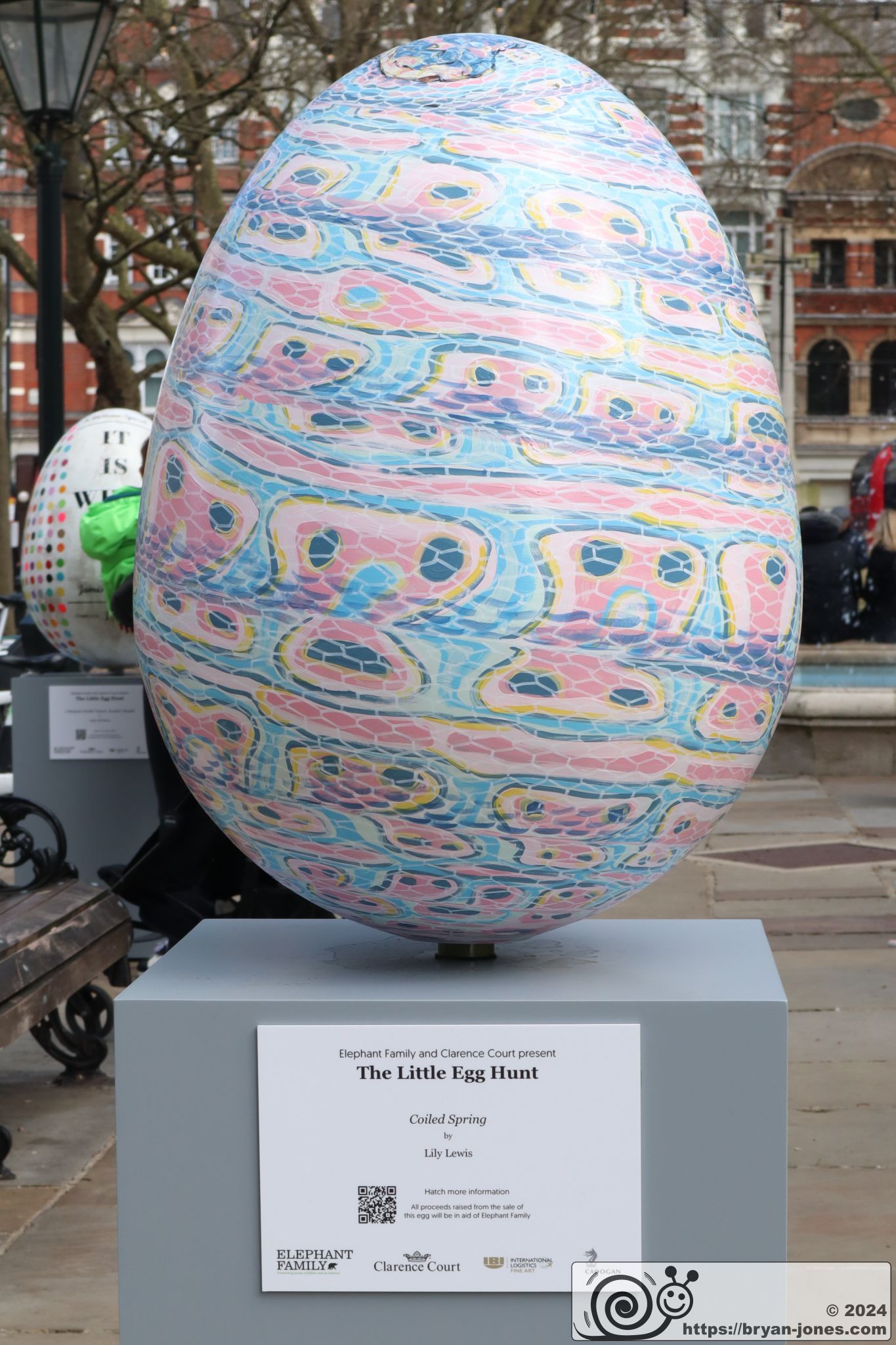 2024 Chelsea Little Egg Hunt hunt in aid of Elephant Family. Easter Egg sculpture public art trail. Sloane Square. Duke of York Square.