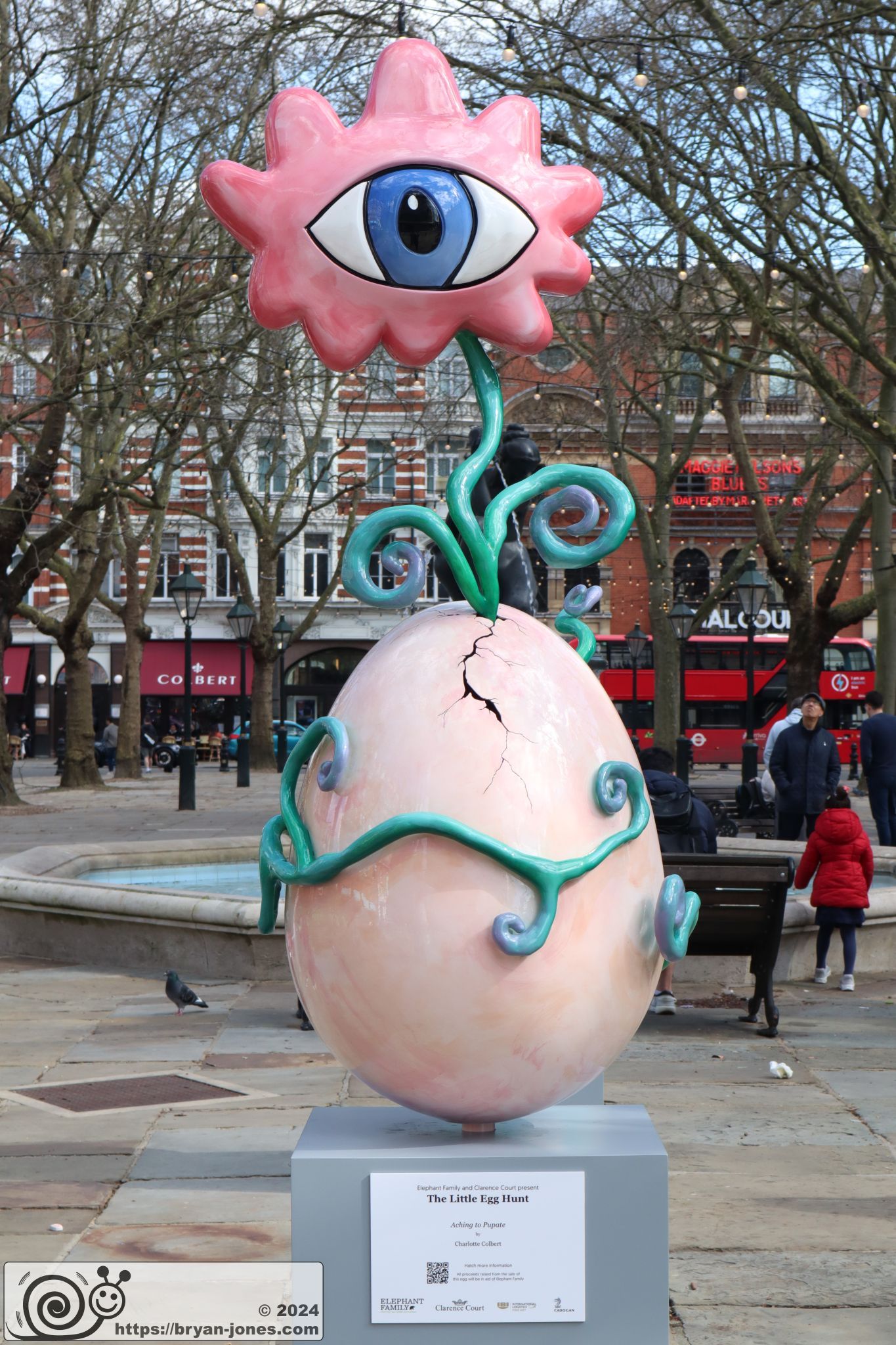 2024 Chelsea Little Egg Hunt hunt in aid of Elephant Family. Easter Egg sculpture public art trail. Sloane Square. Duke of York Square.