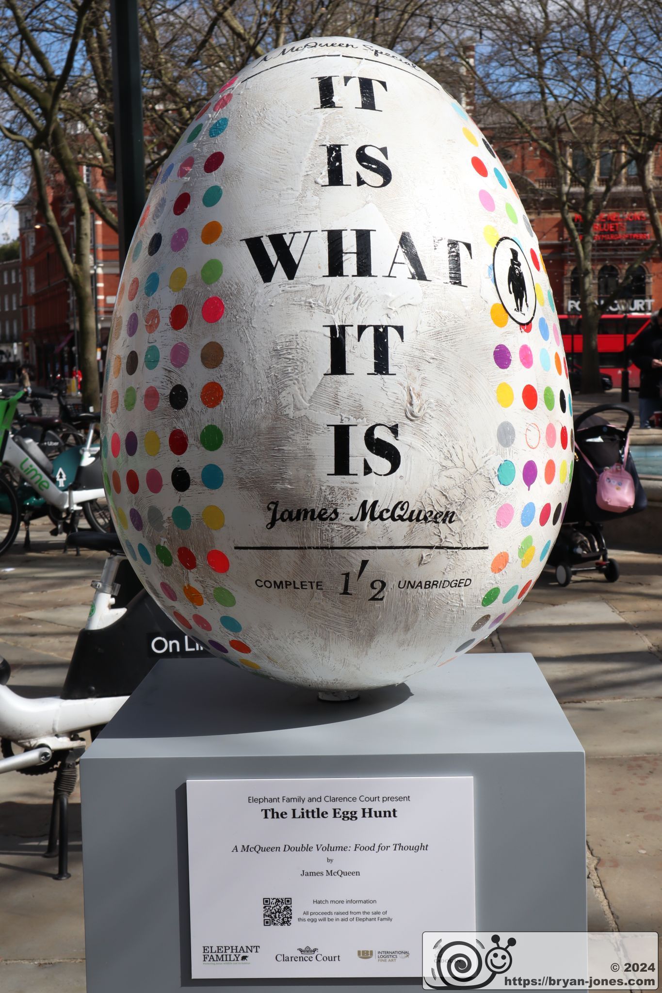 2024 Chelsea Little Egg Hunt hunt in aid of Elephant Family. Easter Egg sculpture public art trail. Sloane Square. Duke of York Square.