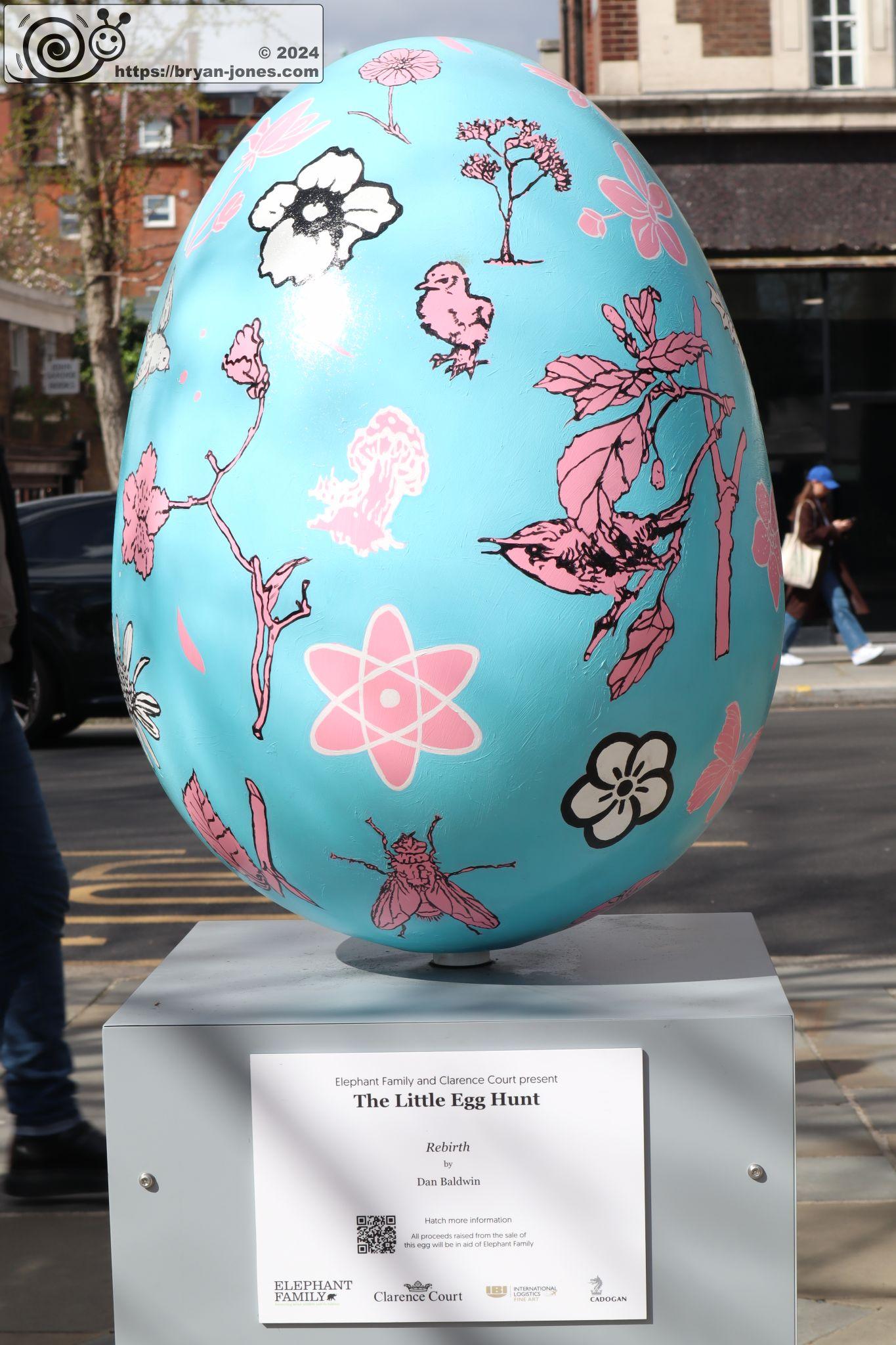 2024 Chelsea Little Egg Hunt hunt in aid of Elephant Family. Easter Egg sculpture public art trail. Sloane Square. Duke of York Square.