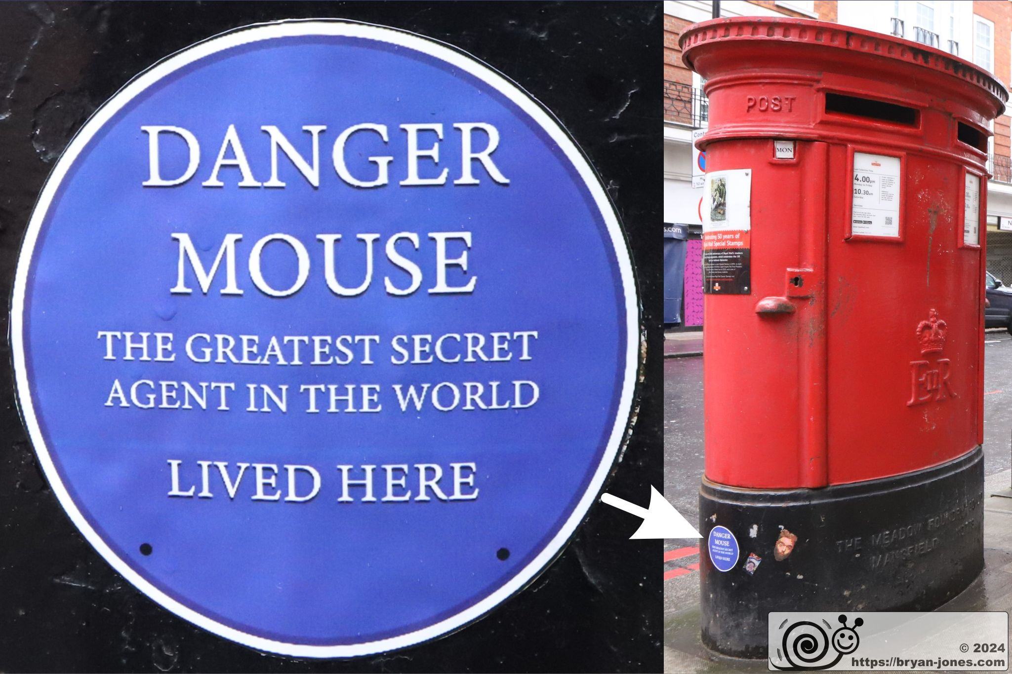Danger Mouse blue plaque at the junction of Baker Street and Melcombe Street. The smallest blue plaque in London is on a postbox in which the children's cartoon secret agent lived.